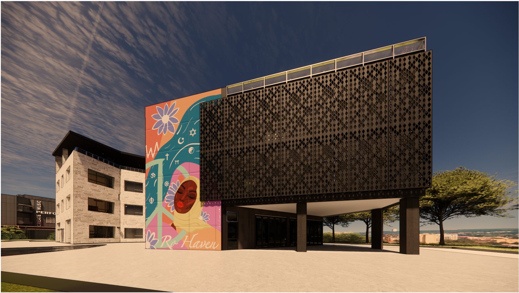 Exterior Facade -  Featuring Custom Mural and Brise Soliel