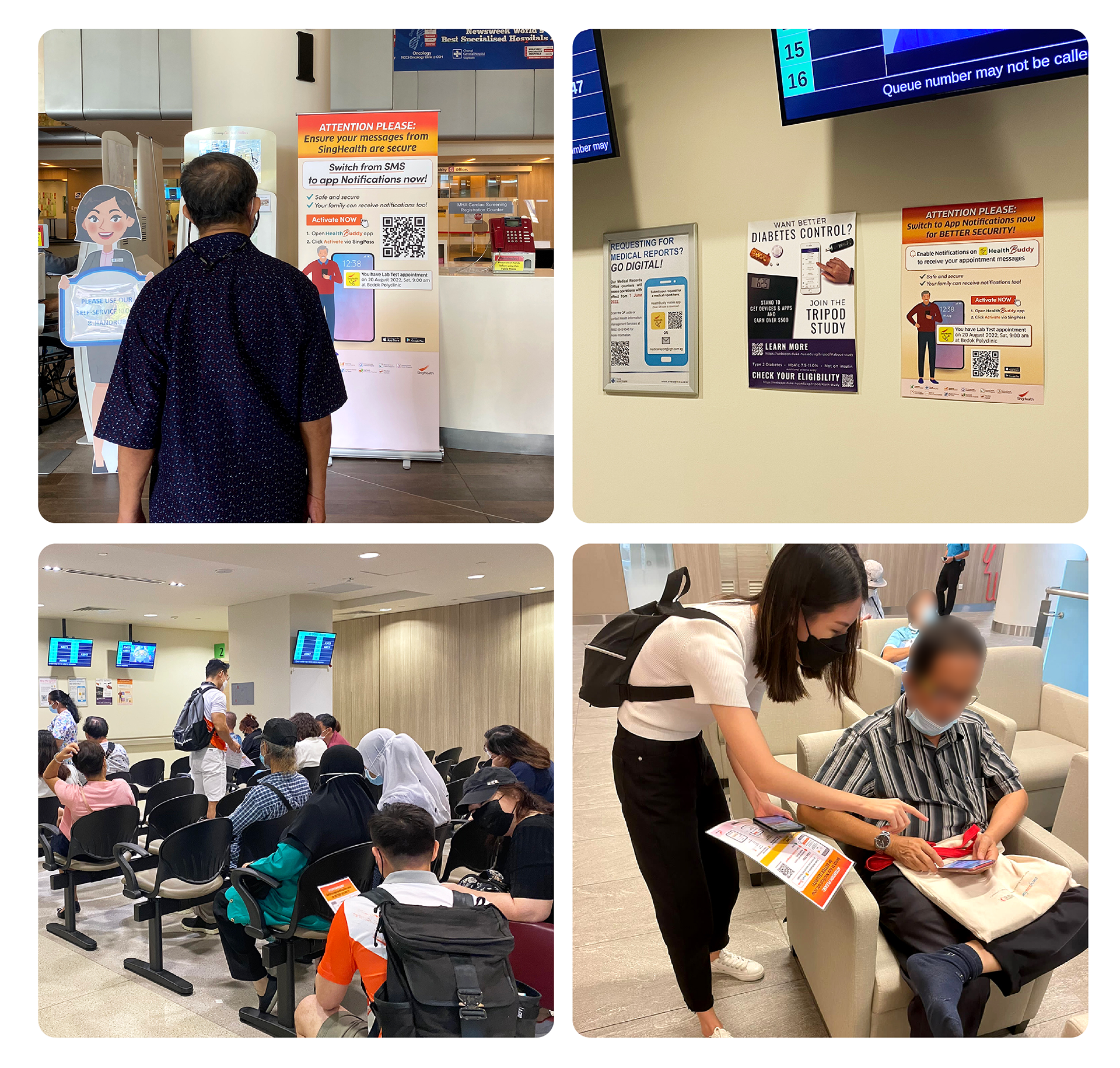 Image 1: Patient looking at Notifications pull-up banner in hospital. Image 2: Notification poster in hospital wall. Image 3: SingHealth colleagues engaging patients on Notifications. Image 4: Jane (Myself) engaging with a patient on Notifications