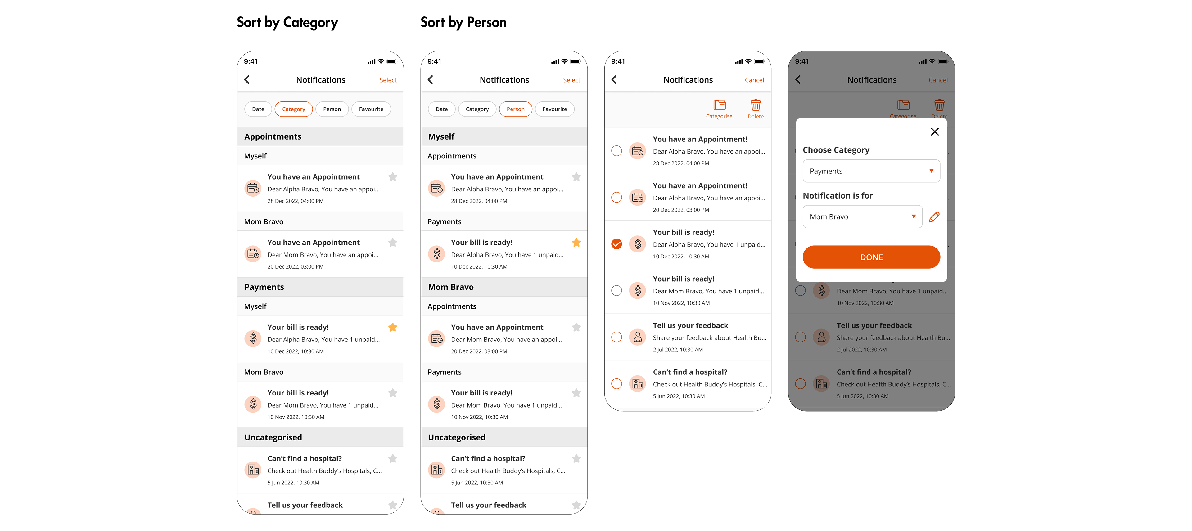 Mockups showing how users can sort their messages by category or person