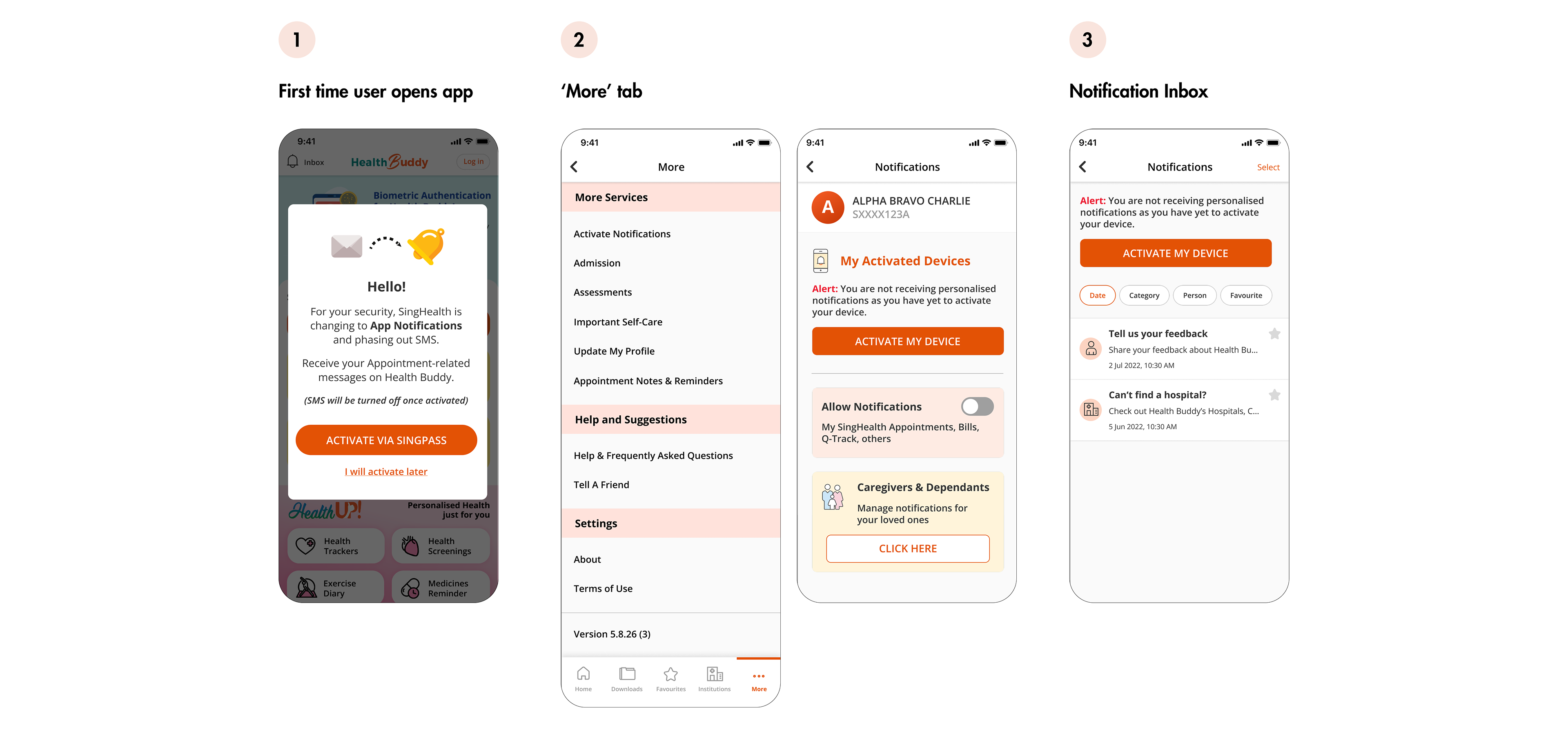 Mockups showing how users can opt-in notifications when user opens the app, in 'more' tab and 'notification inbox' of Health Buddy app