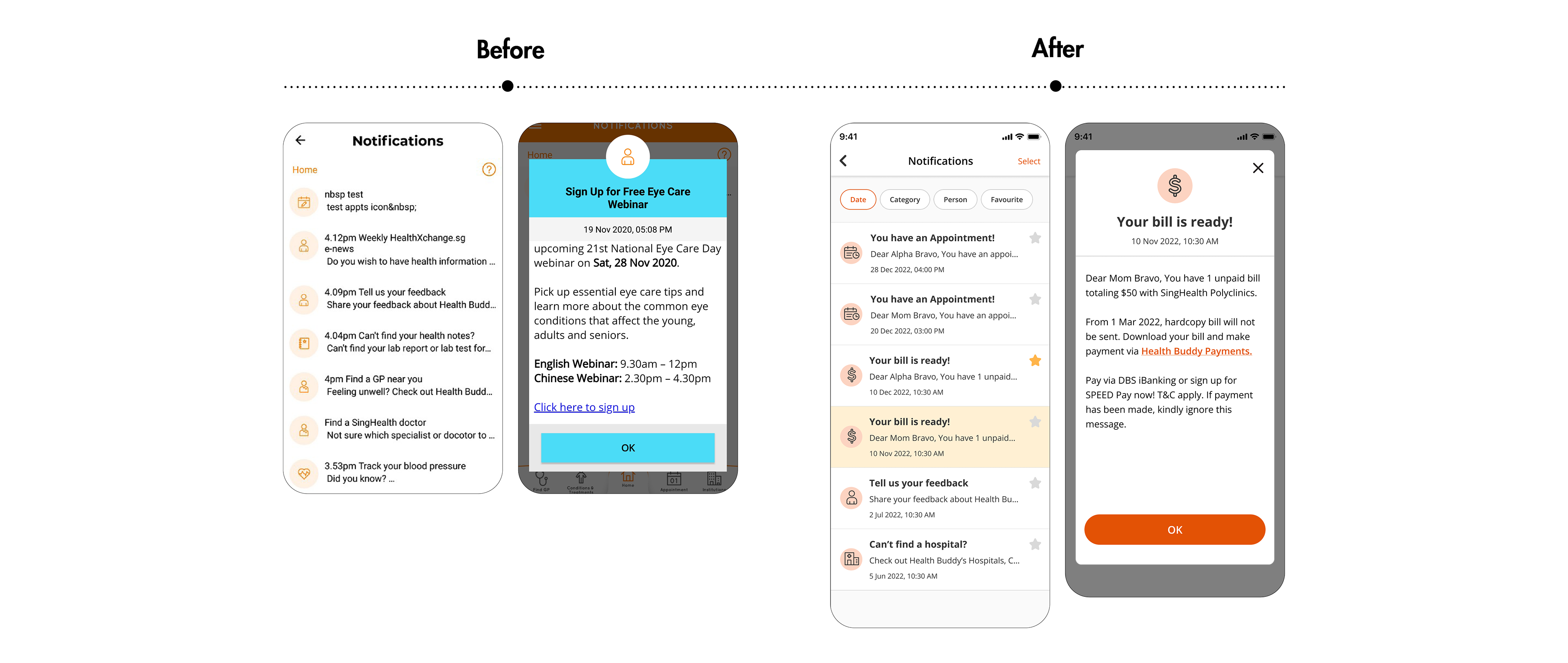 Before and after screens of Health Buddy notifications