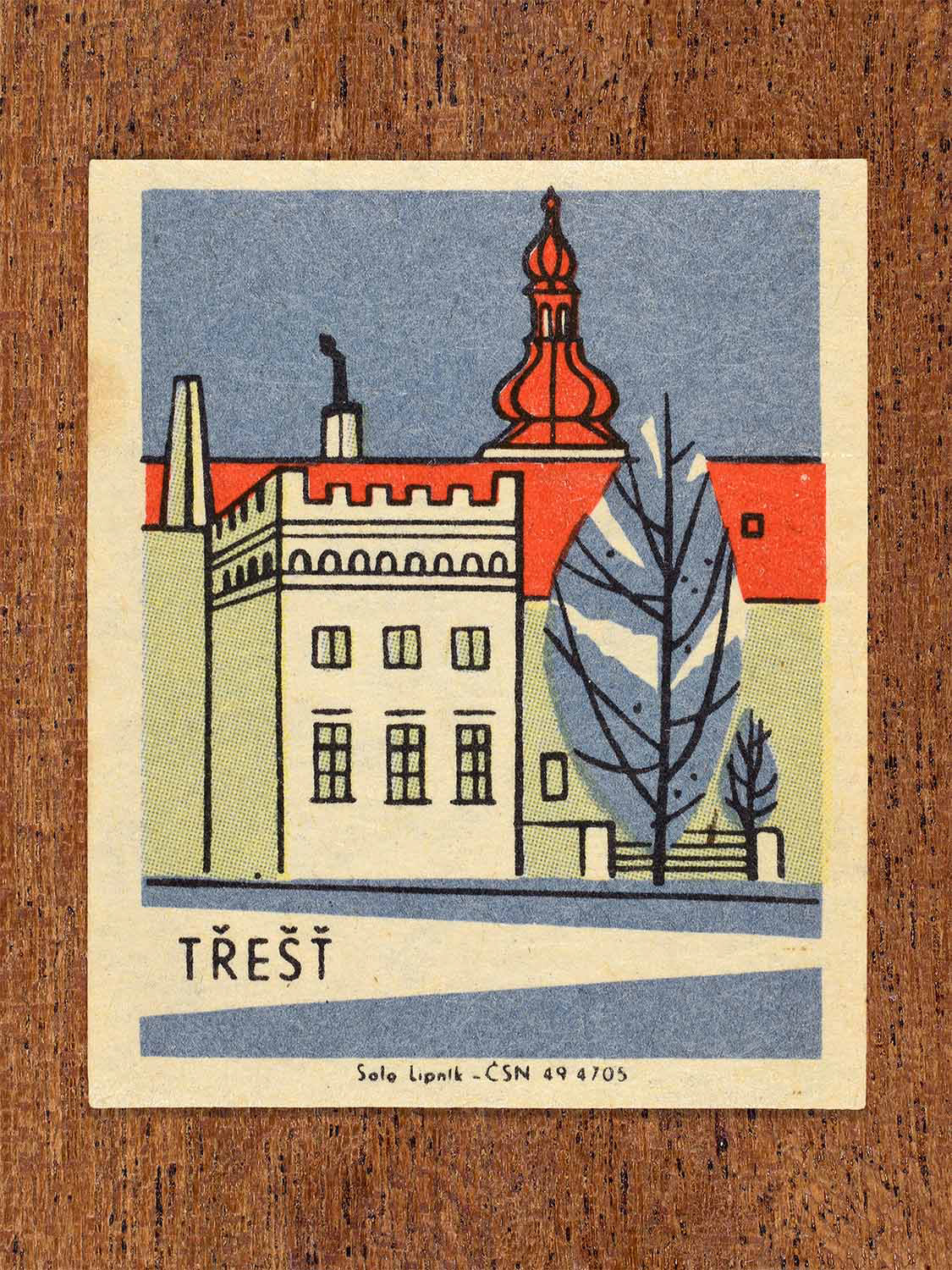 Vintage c. 1967 Czech matchbox label showing the château of Třešť in blue, red and green colours. Produced by the Solo Lipník match factory to celebrate regional Czechoslovakian towns and architectural heritage.