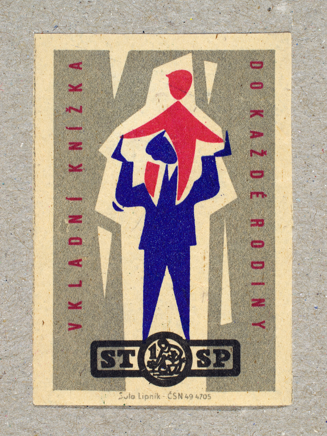 Vintage 1963 Czech matchbox label by Solo Lipník featuring a stylised figure holding a child above their shoulders. Part of the 'Savings Bank' series reminding citizens to save for financial security and future prosperity.