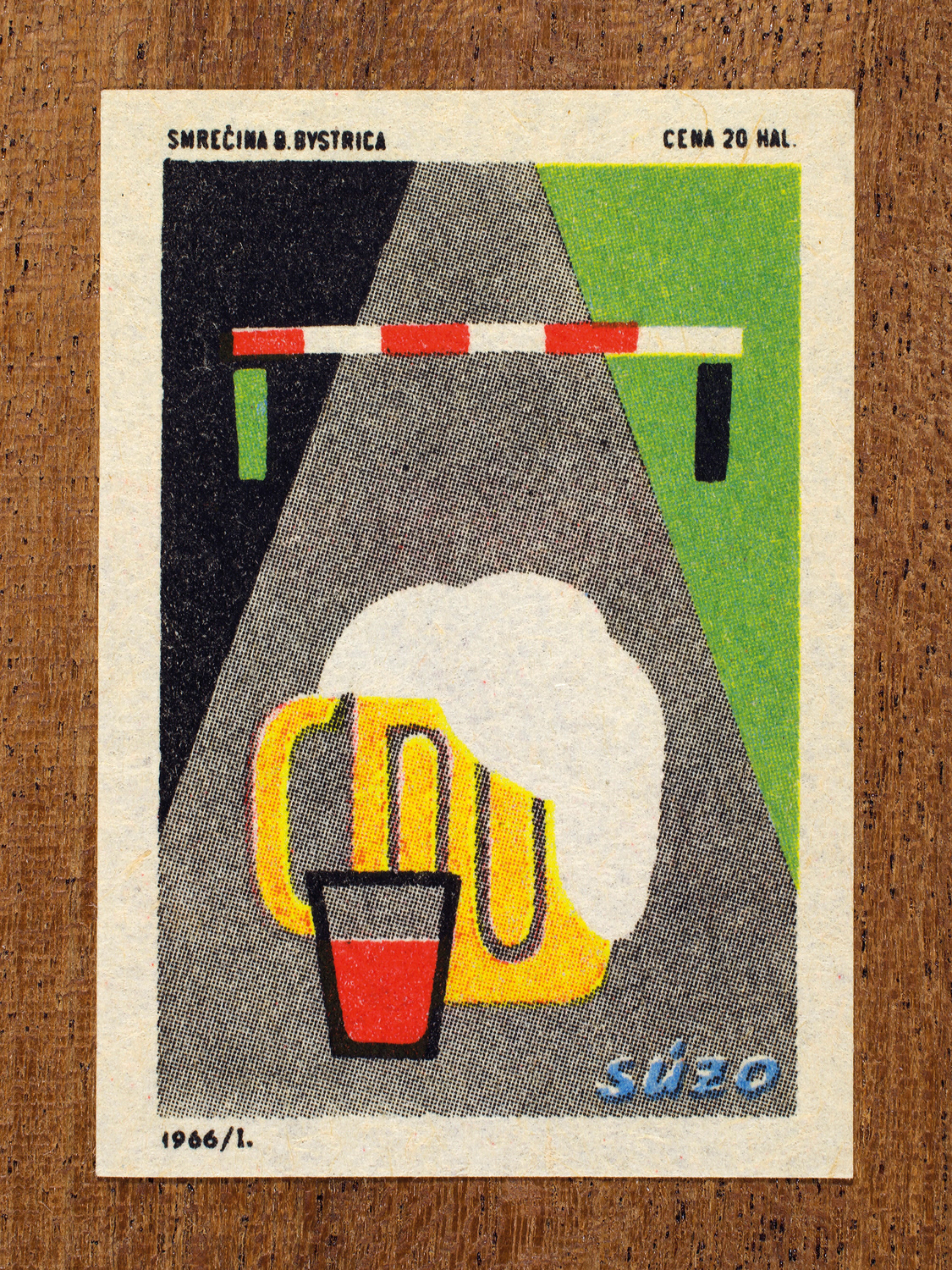 Vintage 1966 Czech matchbox label by Solo Smrečina B. Bystrica featuring a beer mug and shot glass on a road with a warning barrier. A rare text-free design warning against drinking and driving.