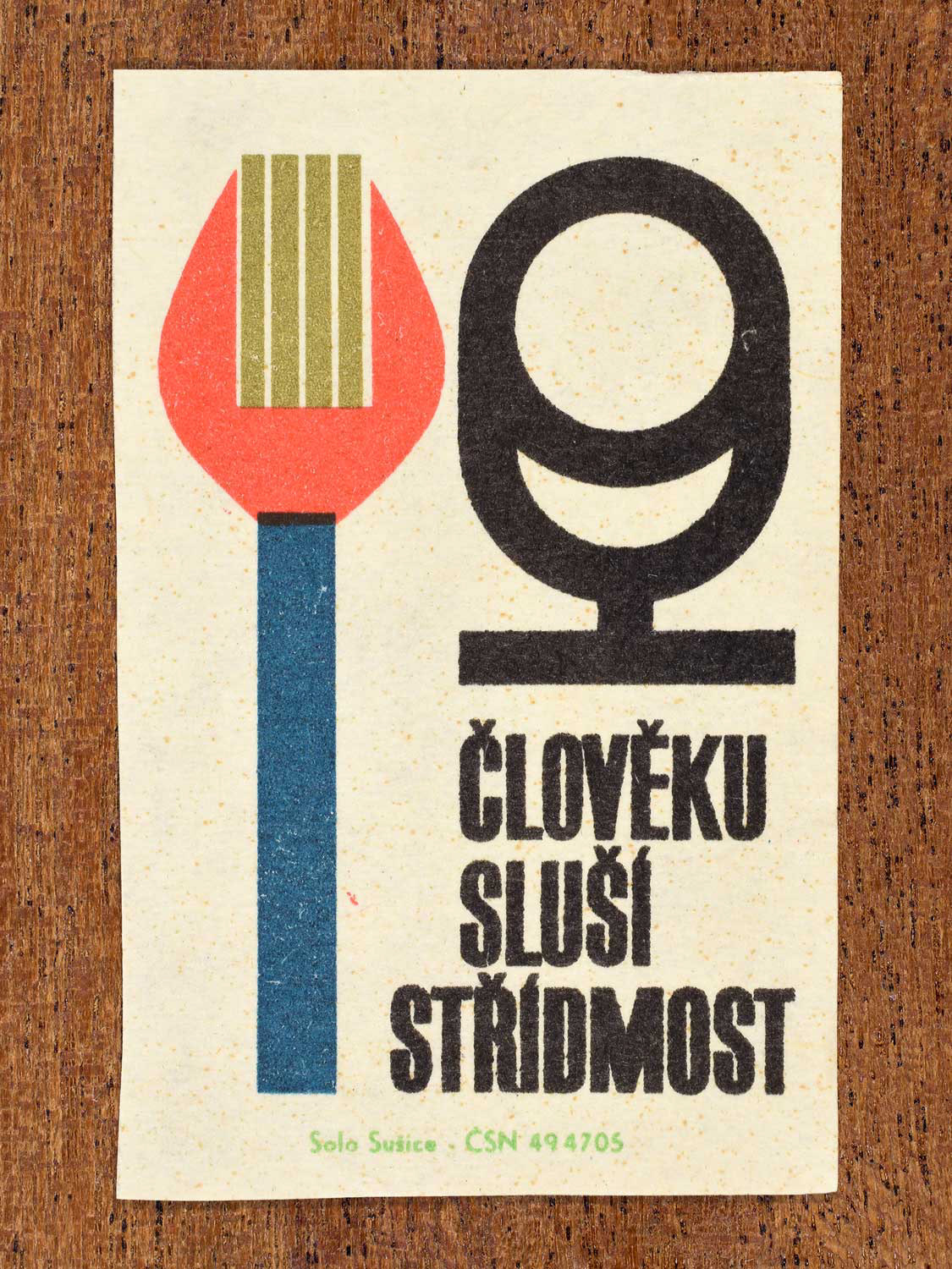 Vintage c. 1966 Czech matchbox label showing a stylised fork and drinking glass. Produced by the Solo Sušice match factory to promote moderation, restraint, and balanced consumption.