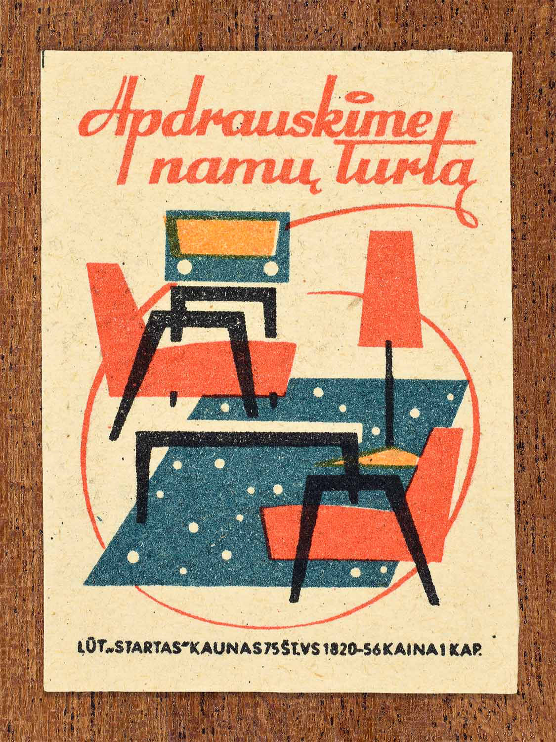 Vintage 1963 Lithuanian matchbox label showing a living room in blue, orange, and black colours. Produced by the Startas Kaunas match factory to promote insurance for household property.