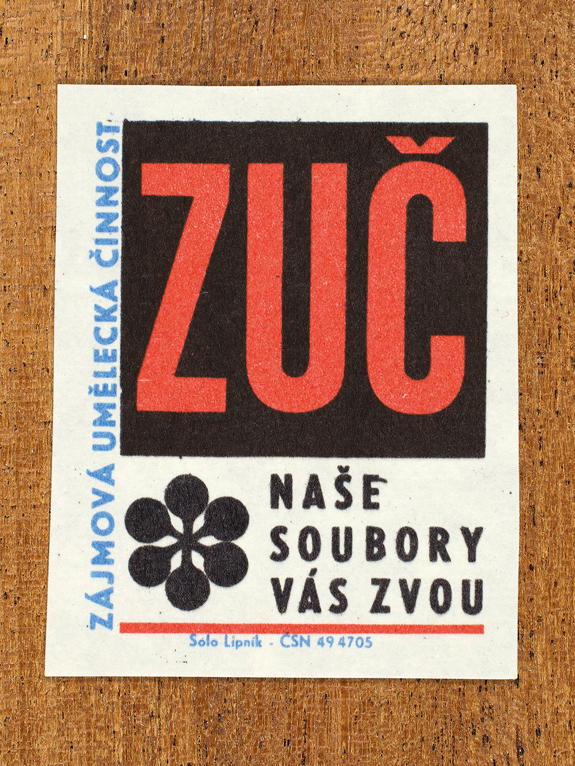 Vintage 1969 Czech matchbox label showing large red and black typography. Produced by the Solo Lipník match factory to promote state-organised art groups in Czechoslovakia.
