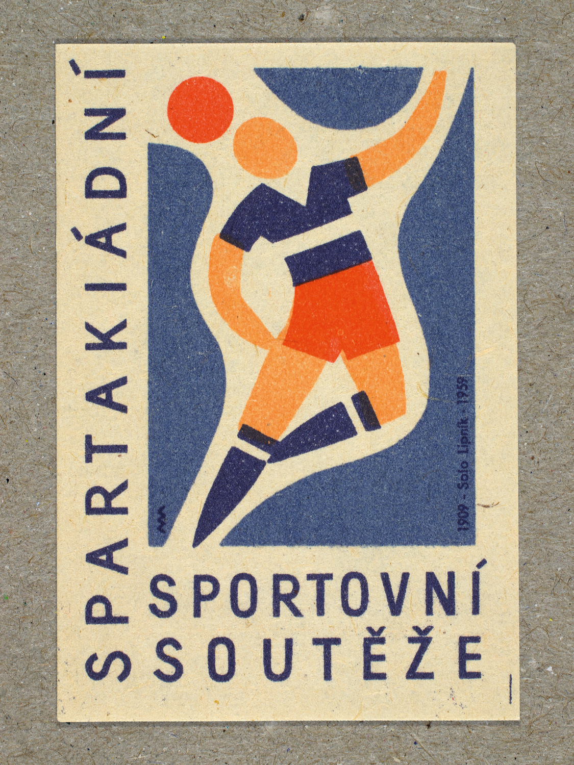 Vintage 1959 Czech matchbox label featuring a stylised figure playing football. Produced by Solo Lipník & Solo Sušice match factory to promote the nationwide Spartakiad sports programme in Czechoslovakia.