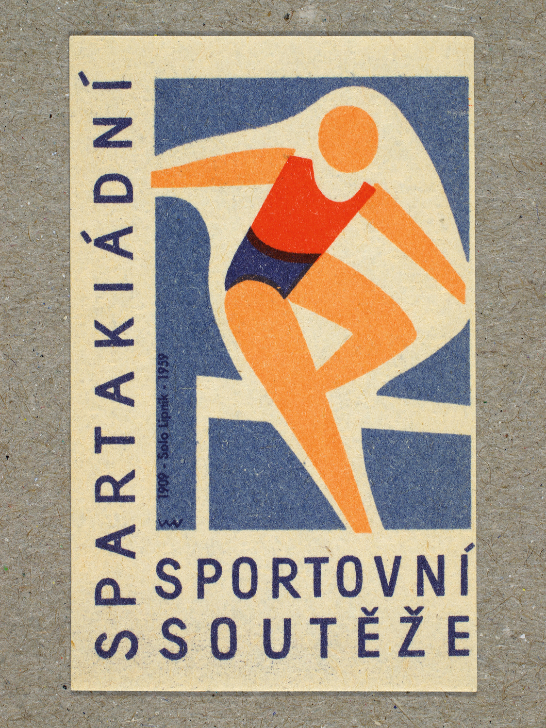 Vintage 1959 Czech matchbox label featuring a stylised figure jumping over hurdles, in blue and red colours. Produced by Solo Lipník & Solo Sušice match factory to promote the nationwide Spartakiad sports programme in Czechoslovakia.