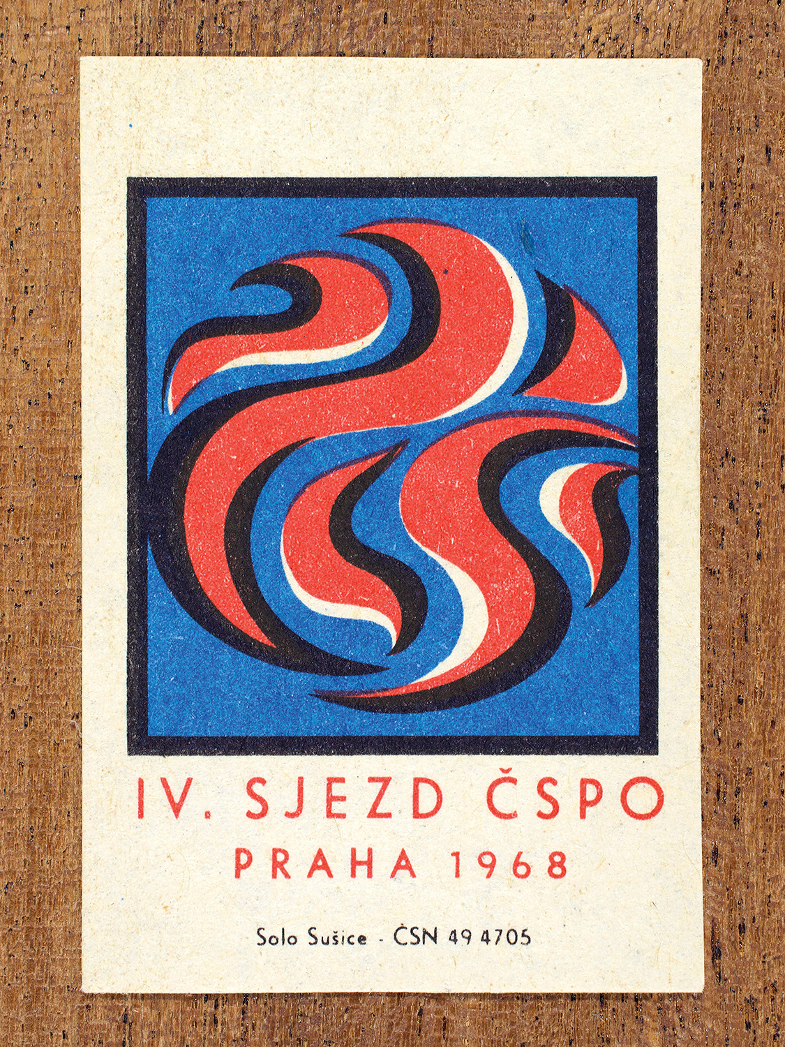 1968 Czechoslovak matchbox label by Solo Sušice showing a grinning devil with a cigarette in its mouth. Used as a public service message commemorating the 4th Congress of the Czechoslovak Fire Protection Union. Label 10 of 10 in the Fire Hazards Series.
