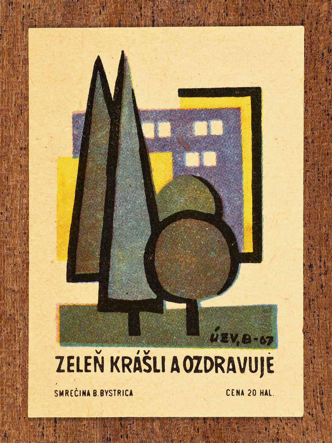 Vintage 1967 Czech matchbox label showing trees beside an apartment building in muted greens and blues. Produced by the Smrečná Banská Bystrica match factory to promote urban greenery as beneficial to health.