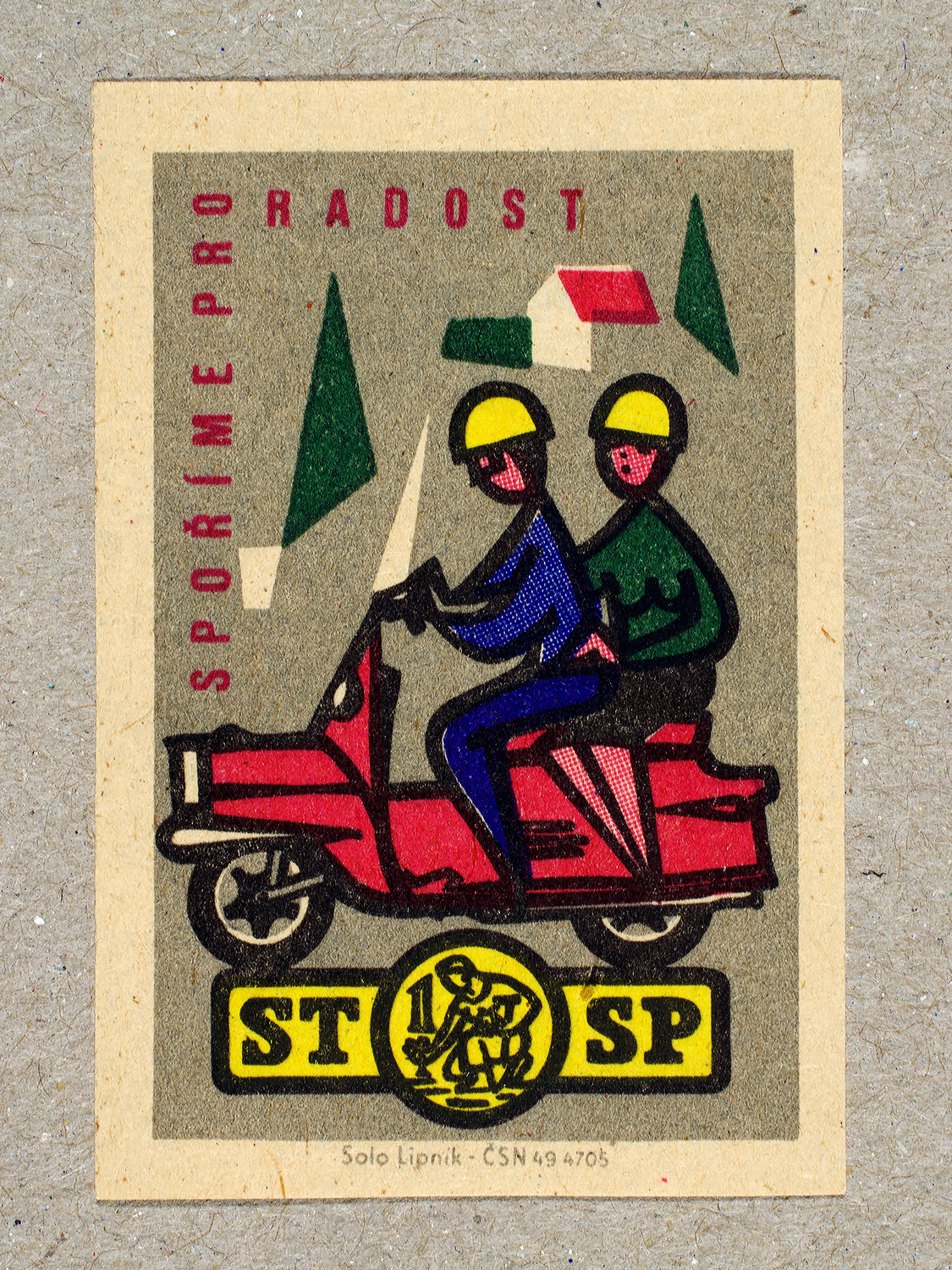 Vintage 1963 Czech matchbox label by Solo Lipník featuring two figures in green and blue riding a red scooter. Part of the 'Savings Bank' series promoting leisure activities made possible by saving money.
