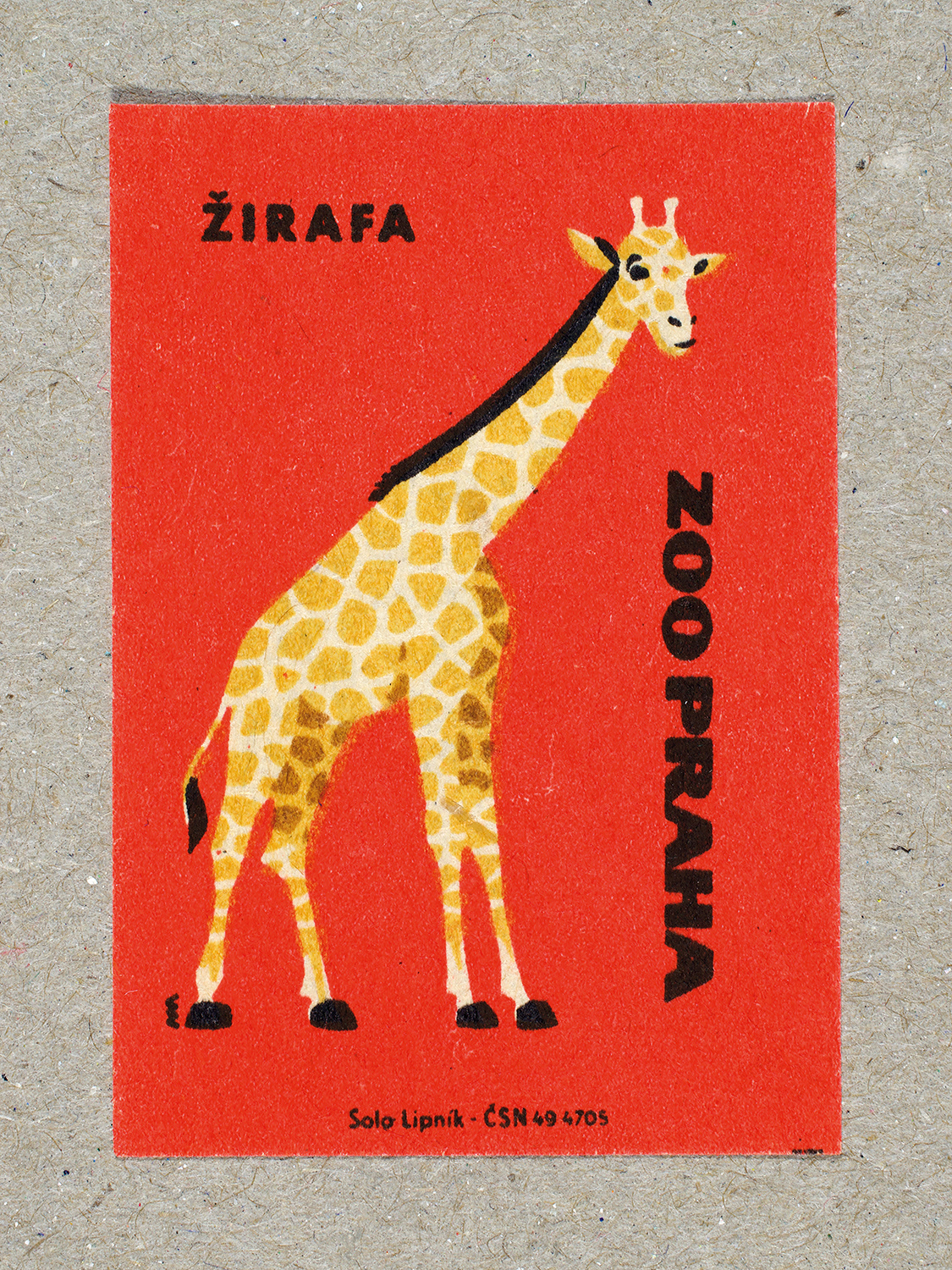 Vintage 1963 Czech matchbox label by Solo Lipník featuring a giraffe on a red background. Part of the 'Zoo Praha' series advertising Prague Zoo in Czechoslovakia.