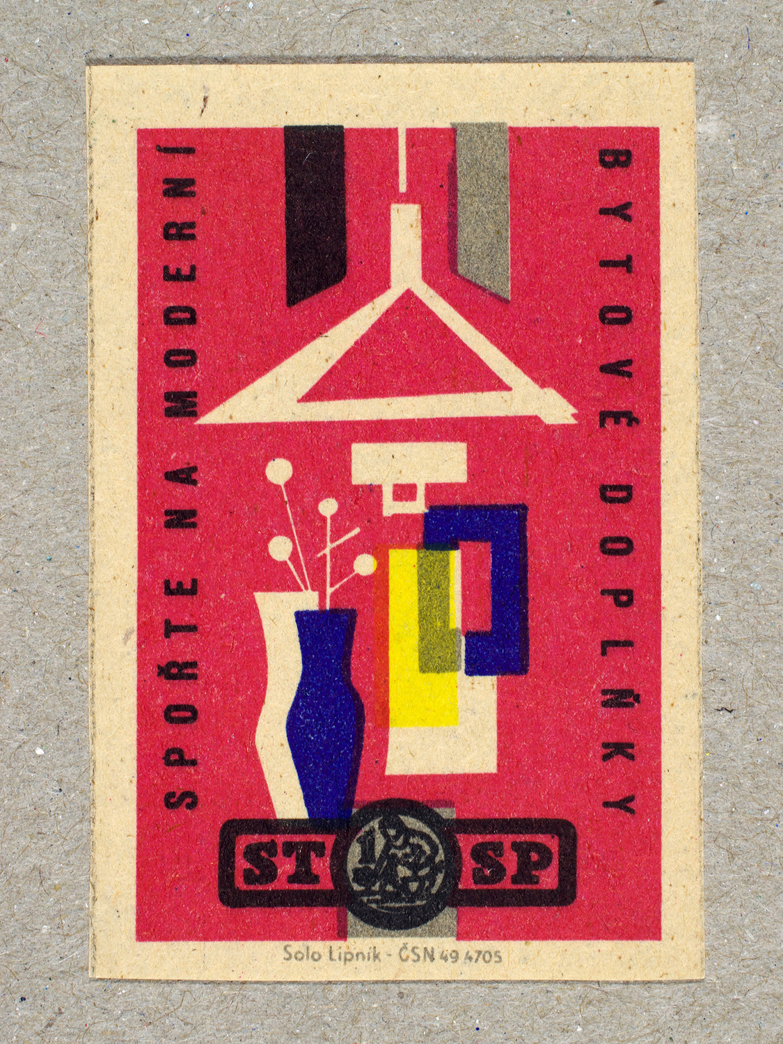 Vintage 1963 Czech matchbox label by Solo Lipník featuring a stylised red interior with a hanging light and vases. Part of the 'Savings Bank' series promoting saving money for modern domestic comforts.