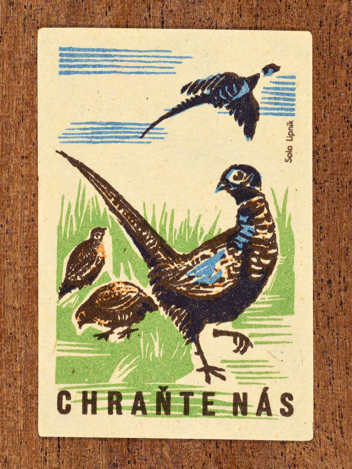 Vintage 1960 Czech matchbox label showing two partridges and a pheasant sitting in grass, with one pheasant flying above. Produced by Solo Lipník match factory to promote environmental responsibility, safeguarding vulnerable wildlife, and preserving natural habitats.