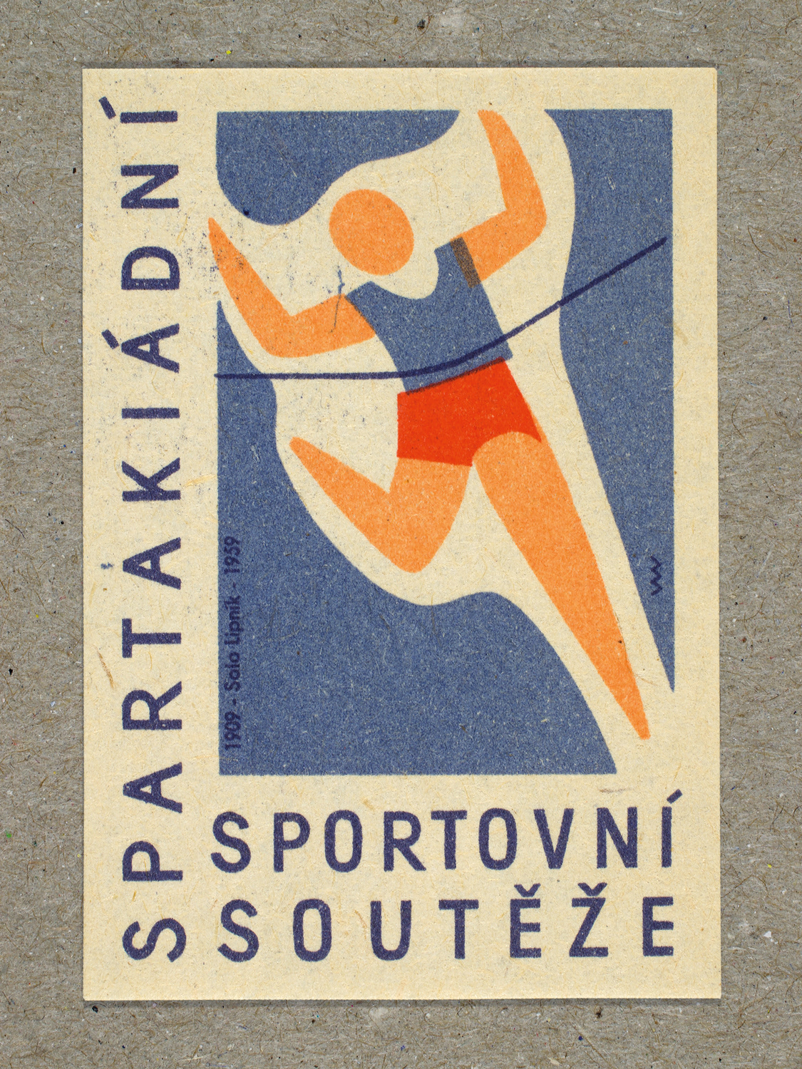 Vintage 1959 Czech matchbox label featuring a stylised figure running through a finish line, in blue and red colours. Produced by Solo Lipník & Solo Sušice match factory to promote the nationwide Spartakiad sports programme in Czechoslovakia.