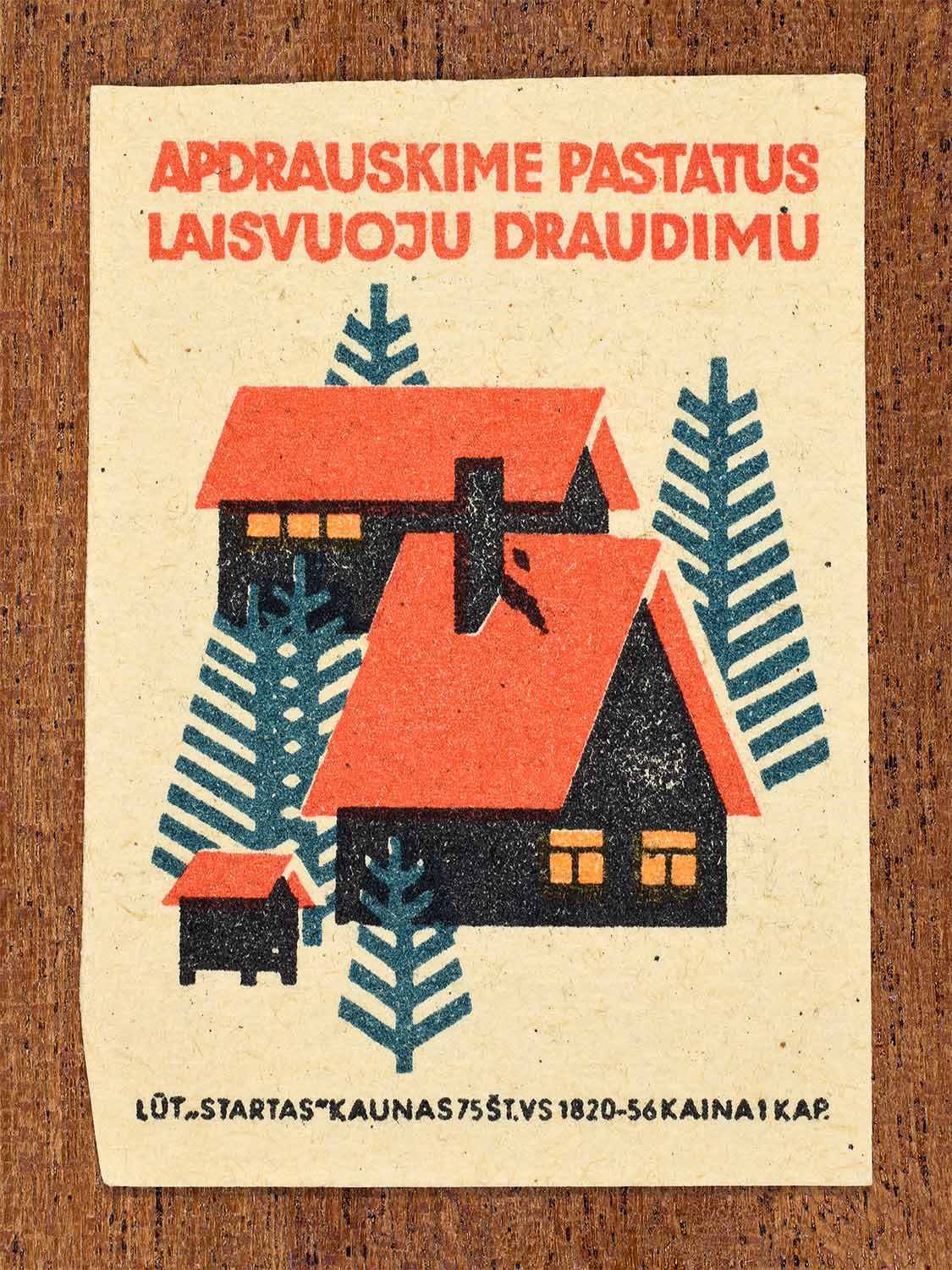Vintage 1963 Lithuanian matchbox label showing a houses in blue, orange, and black colours. Produced by the Startas Kaunas match factory to promote life insurance.