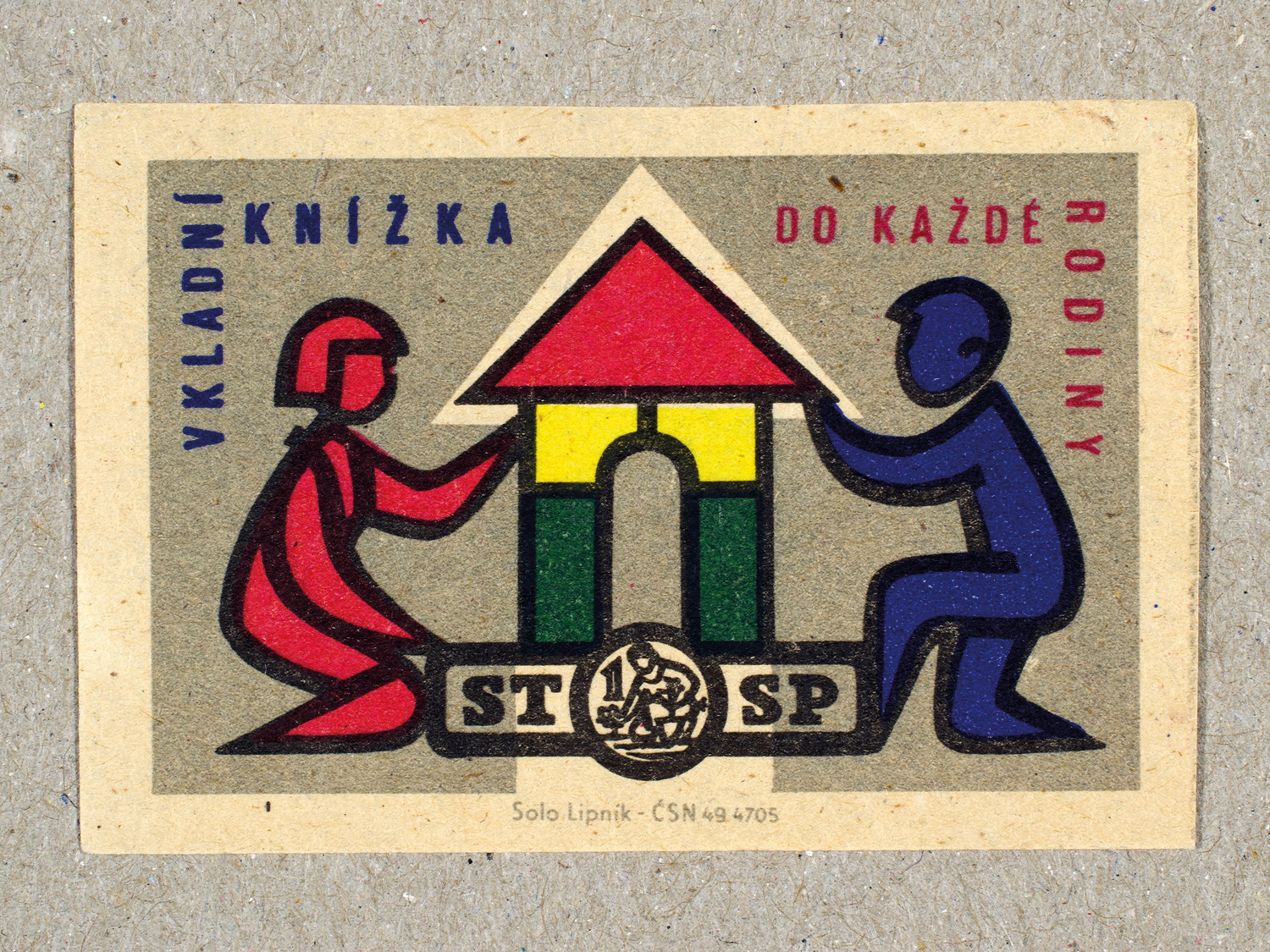 Vintage 1963 Czech matchbox label by Solo Lipník featuring stylised figures of a girl and boy building a toy house. Part of the 'Savings Bank' series reminding citizens to save for financial security and future prosperity.