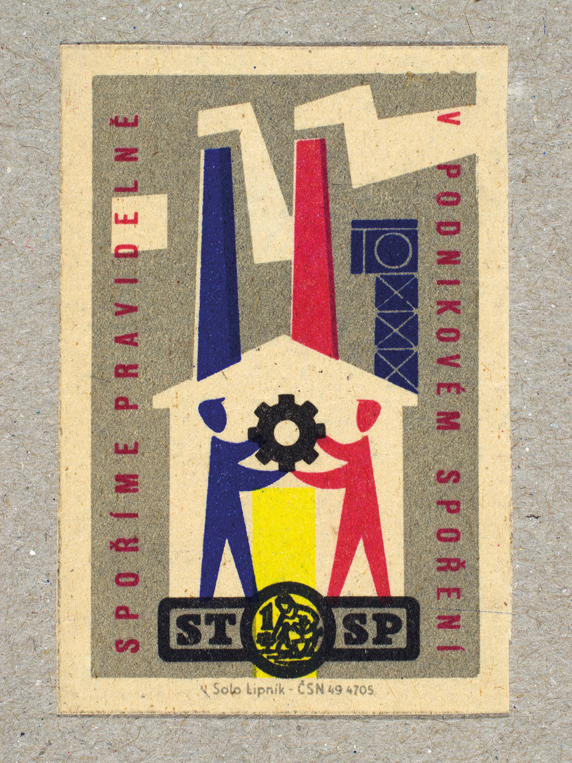 Vintage 1963 Czech matchbox label by Solo Lipník featuring two workers in red and blue holding a gear inside an industrial building. Part of the 'Savings Bank' series promoting regular saving through workplace programs.