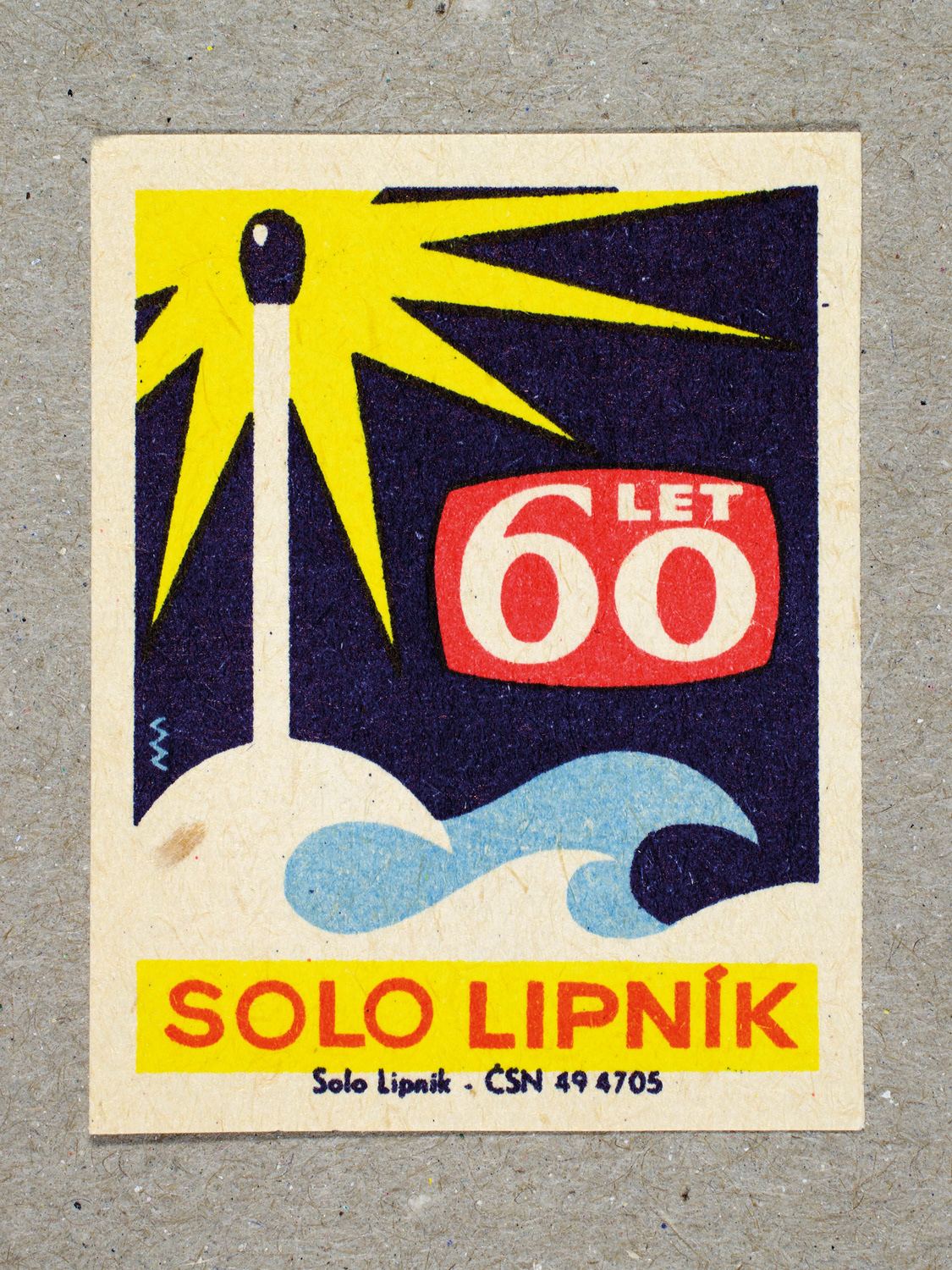 Vintage 1969 Czech matchbox label by Solo Lipník featuring an abstract matchstick design in blue and yellow colours. Part of the 'SOLO Lipník Anniversary' series advertising the Czechoslovakian match factory.