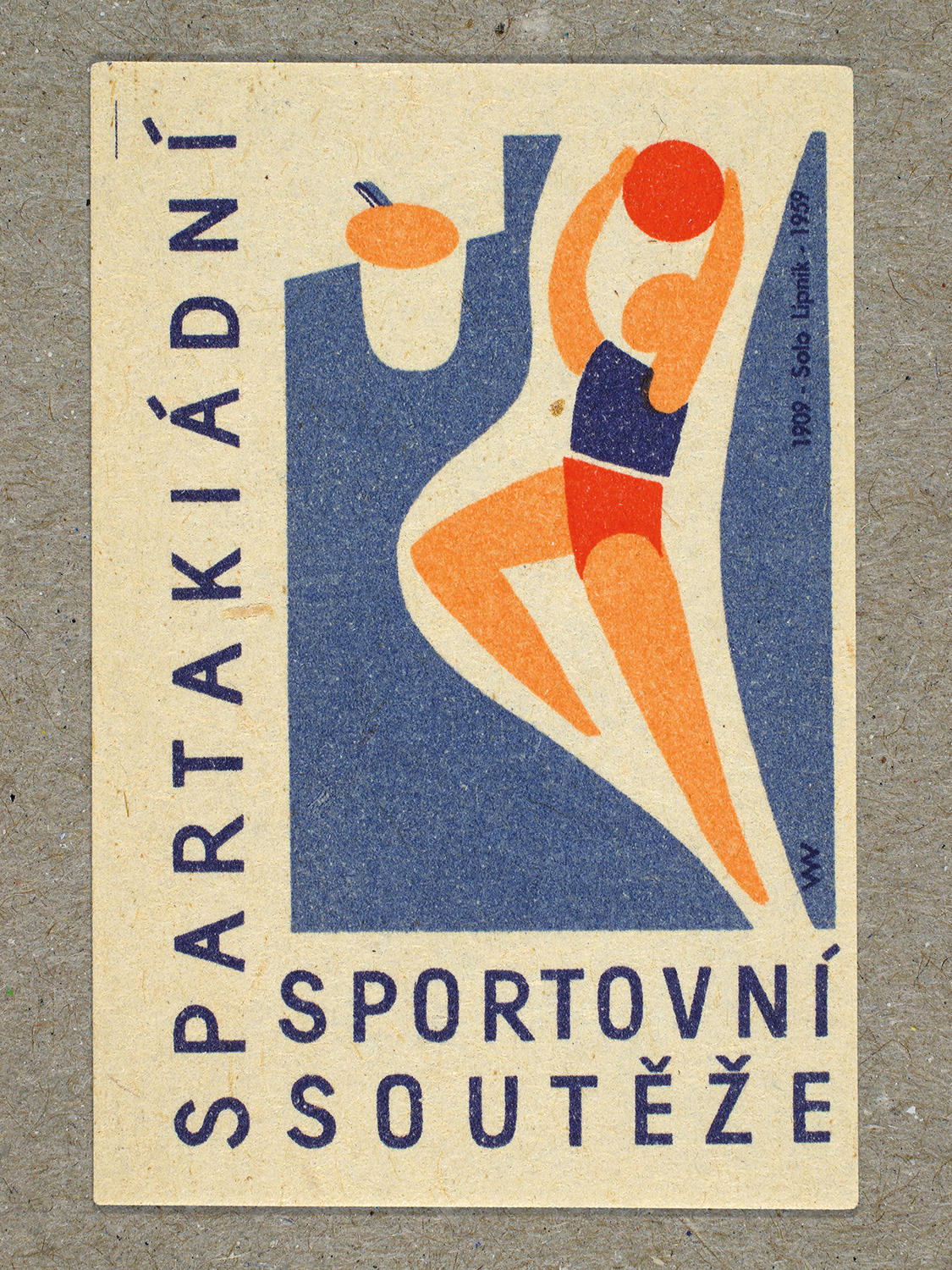 Vintage 1959 Czech matchbox label featuring a stylised figure holding a ball and jumping up to a net, in blue and red colours. Produced by Solo Lipník & Solo Sušice match factory to promote the nationwide Spartakiad sports programme in Czechoslovakia.