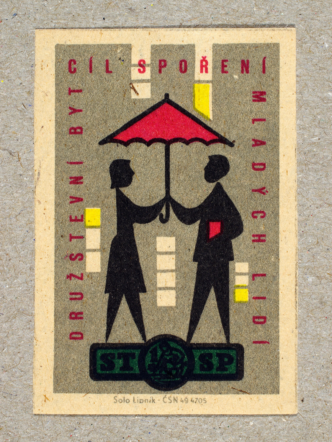 Vintage 1963 Czech matchbox label by Solo Lipník featuring two figures facing each other and holding an umbrella. Part of the 'Savings Bank' series promoting young couples saving money for a home.