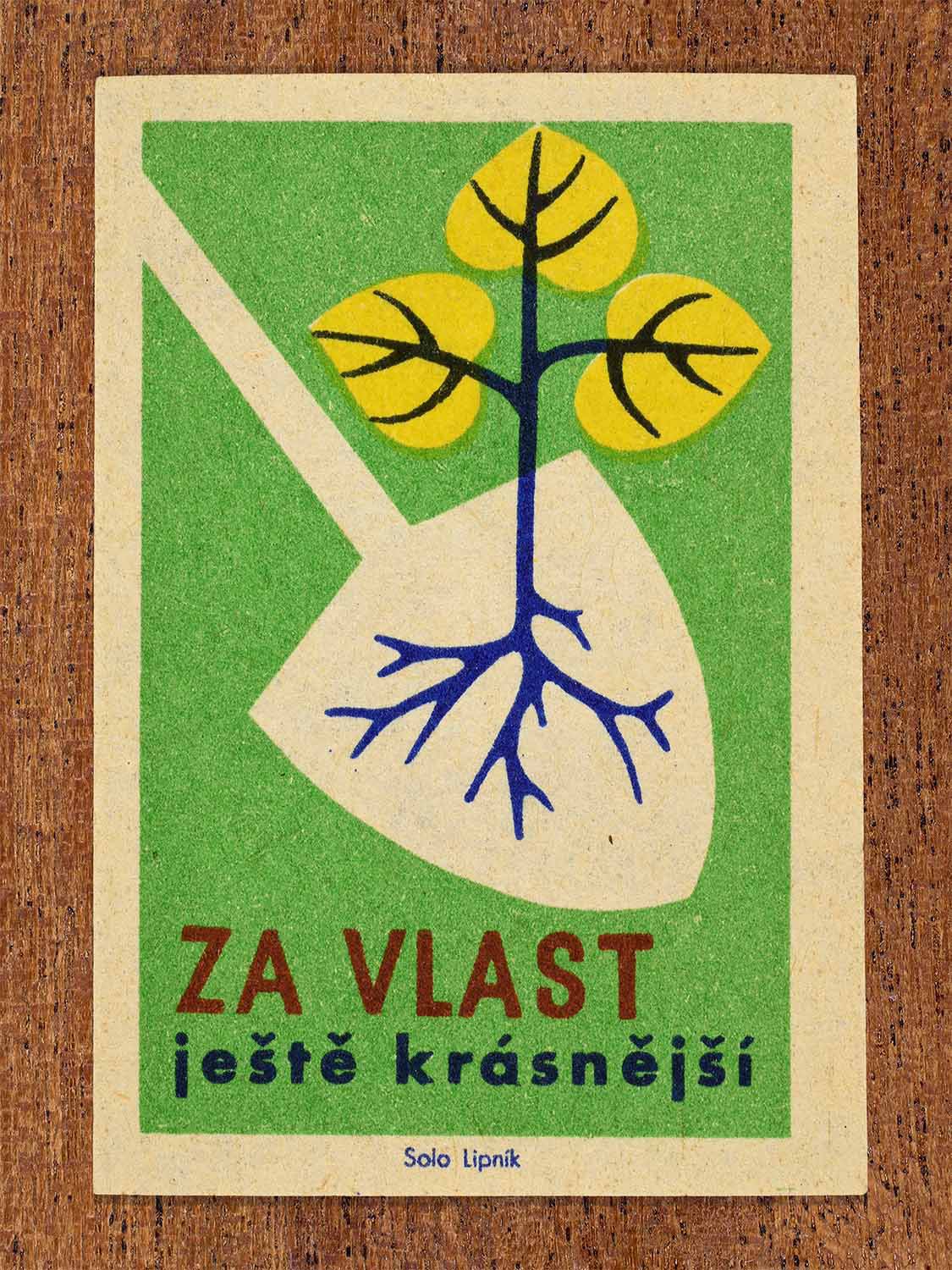 Vintage 1960 Czech matchbox label showing a plant with exposed roots on a spade against a green background. Produced by the Solo Lipník match factory to encourage environmental care and reforestation.