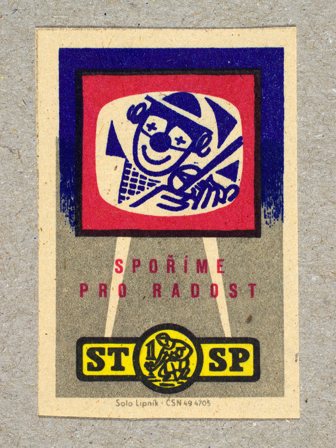 Vintage 1963 Czech matchbox label by Solo Lipník featuring a smiling clown on a TV screen. Part of the 'Savings Bank' series promoting the idea that saving money enables everyday leisure and enjoyment.