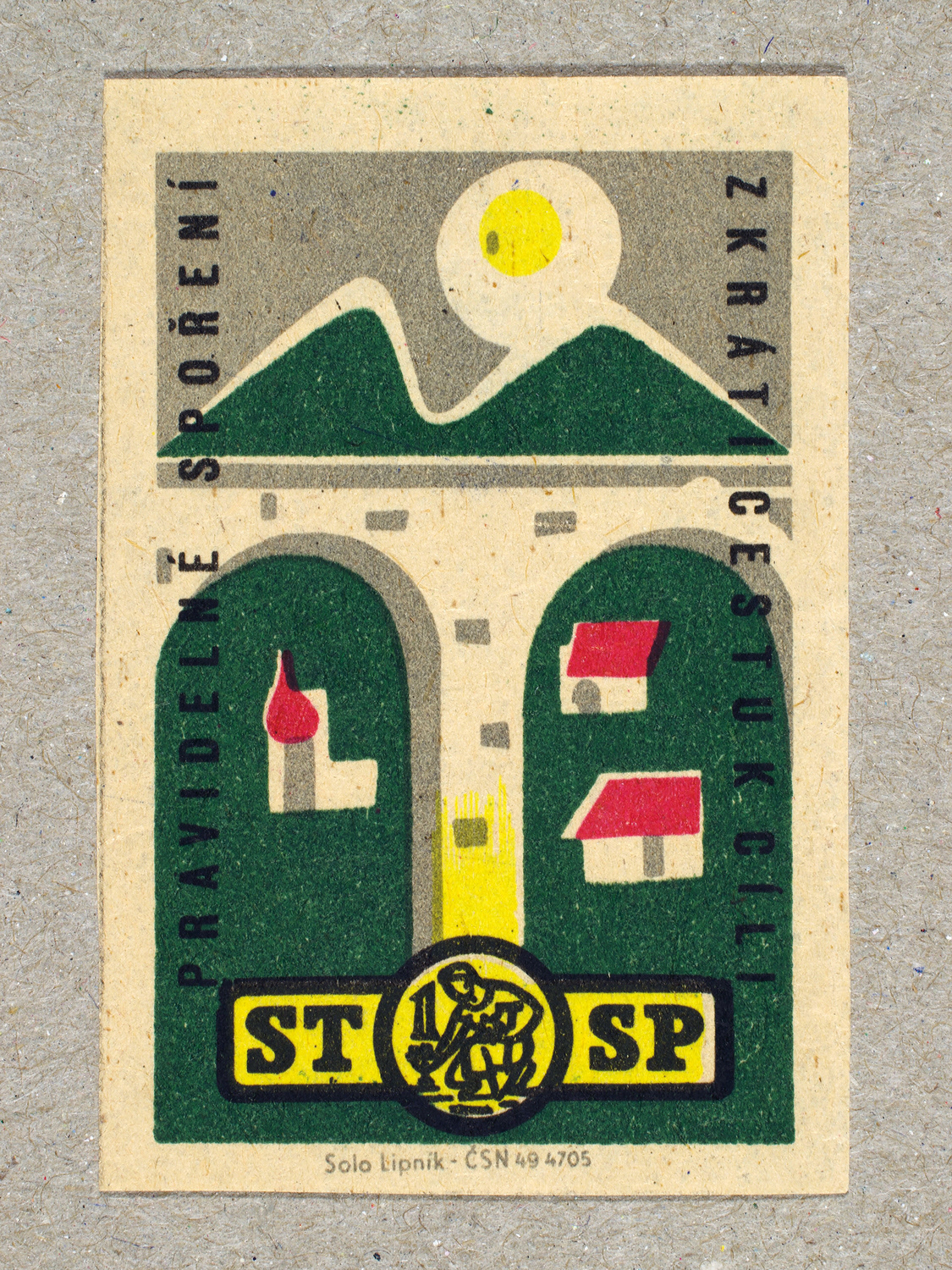 Vintage 1963 Czech matchbox label by Solo Lipník featuring a road leading through buildings and up towards the mountains and sunny sky. Part of the 'Savings Bank' series reminding citizens that steady saving leads to reward and success.