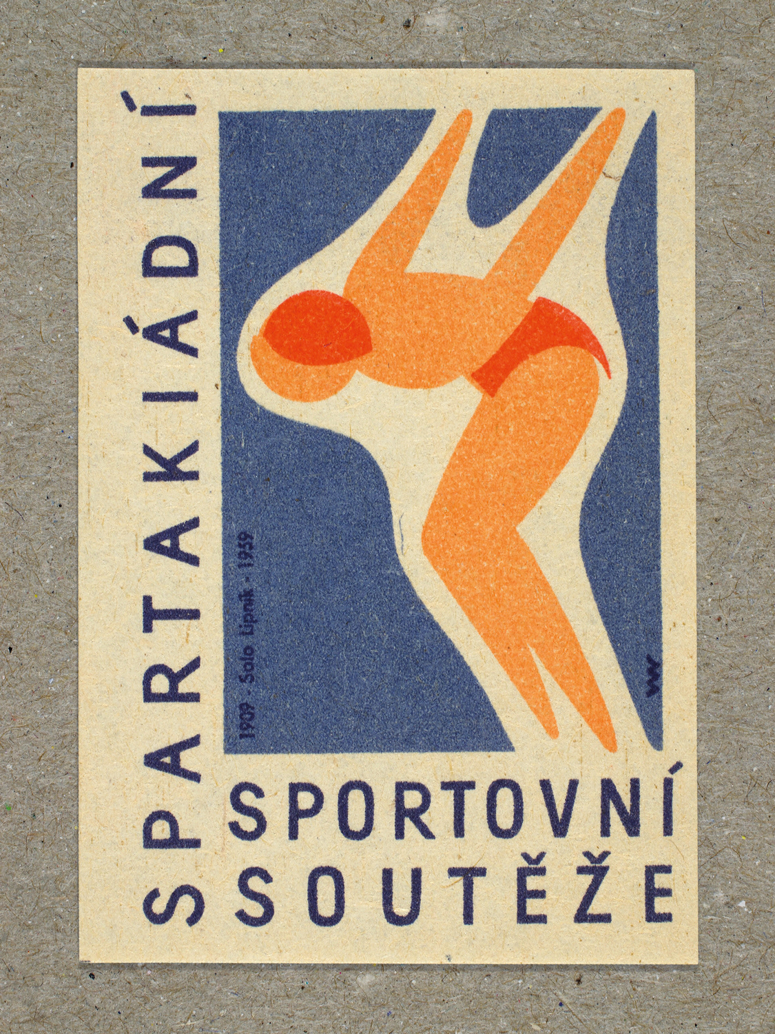 Vintage 1959 Czech matchbox label featuring a stylised figure diving, in blue and red colours. Produced by Solo Lipník & Solo Sušice match factory to promote the nationwide Spartakiad sports programme in Czechoslovakia.