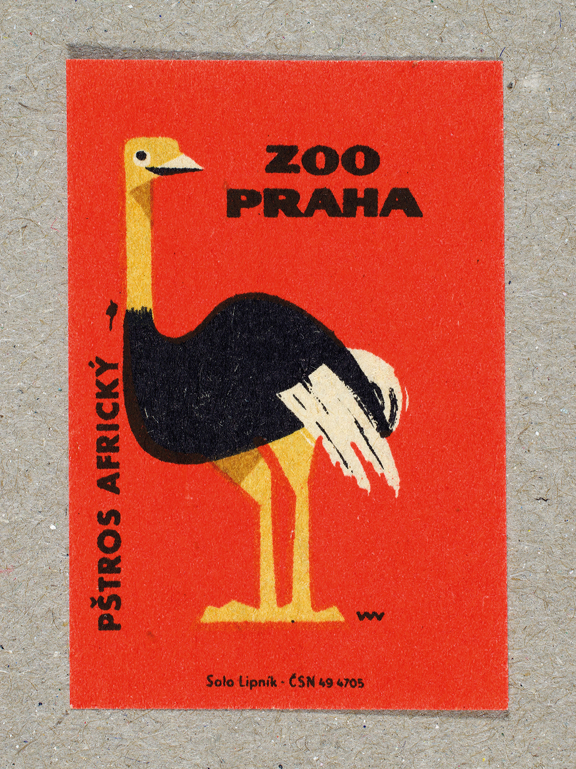 Vintage 1963 Czech matchbox label by Solo Lipník featuring an African ostrich on a red background. Part of the 'Zoo Praha' series advertising Prague Zoo in Czechoslovakia.