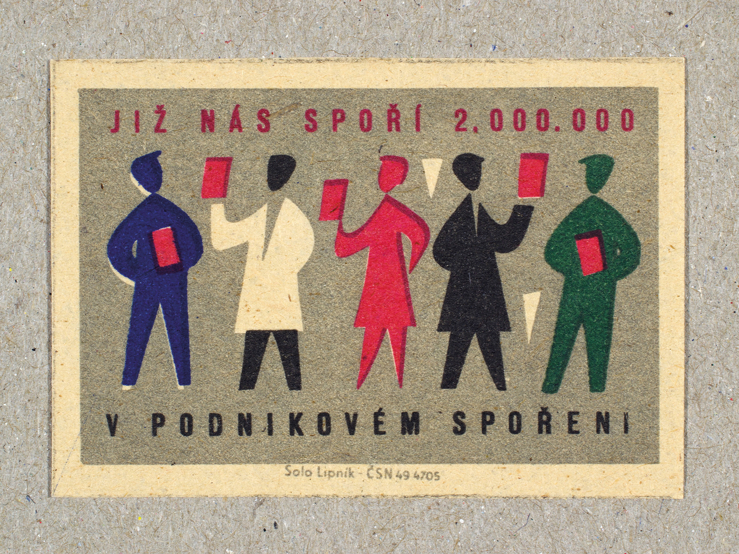 Vintage 1963 Czech matchbox label by Solo Lipník featuring stylised figures in blue, red, and black symbolising different workers. Part of the 'Savings Bank' series reminding citizens to save for financial security and future prosperity.