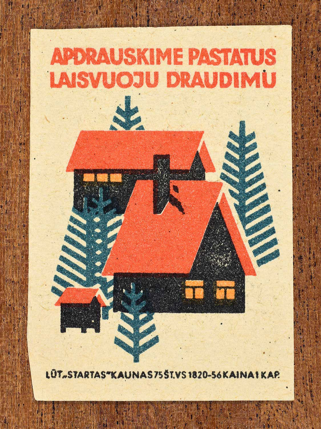 Vintage 1963 Lithuanian matchbox label showing a houses in blue, orange, and black colours. Produced by the Startas Kaunas match factory to promote life insurance.