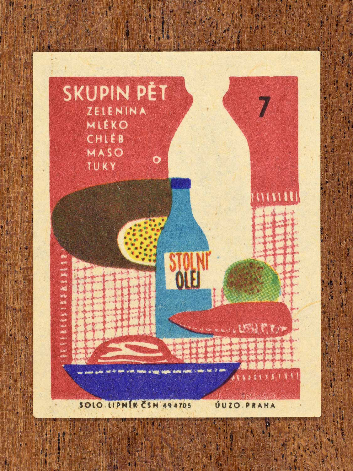 Vintage c. 1965 Czech matchbox label showing an arrangement of five food items arranged on a tablecloth. Produced by Solo Lipník match factory to promote the health benefits proper nutrition, daily meal routines, and everyday household habits.