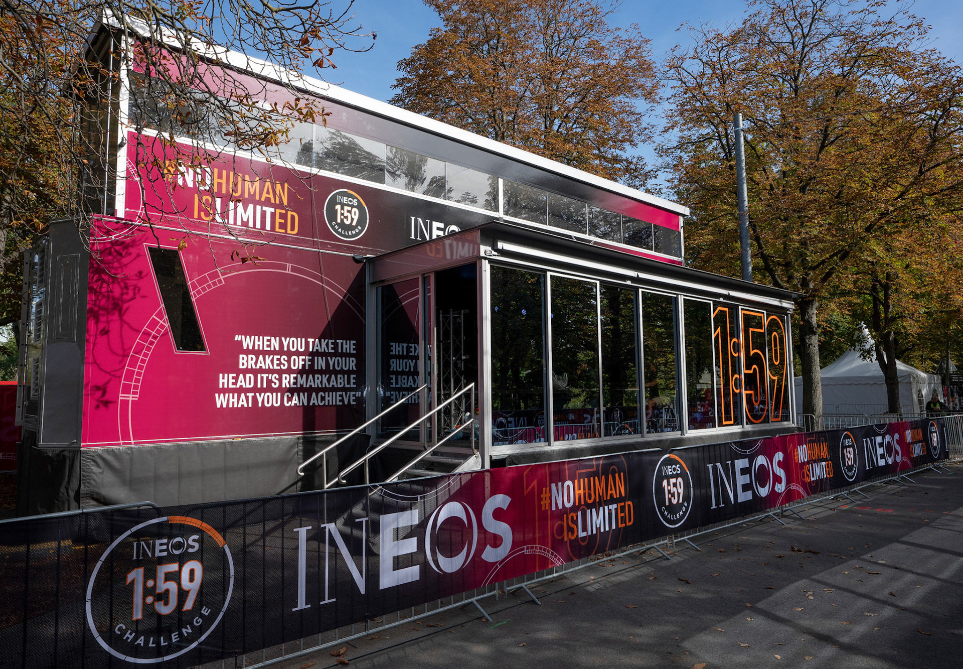Media facilities along the Prater Hauptallee for The INEOS 1:59 Challenge. 11 October 2019.
Photo: Adam Warner for The INEOS 1:59 Challenge