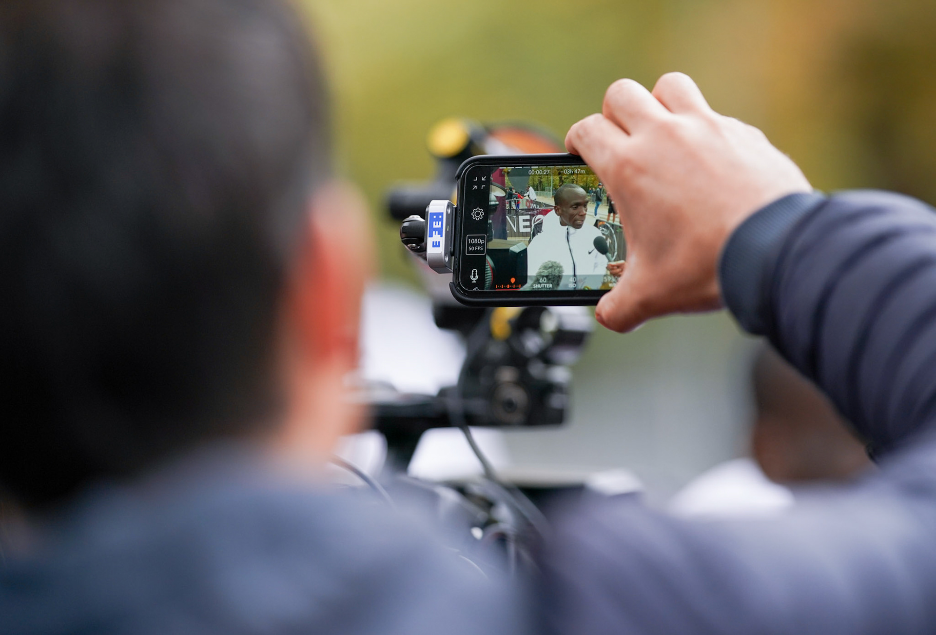 Free for editorial use and archive. Eliud Kipchoge is interviewed by the media after making history by running a marathon in 01:59:40. The INEOS 1:59 Challenge, Vienna, Austria. 12 October 2019.
Photo: Joe Toth for The INEOS 1:59 Challenge