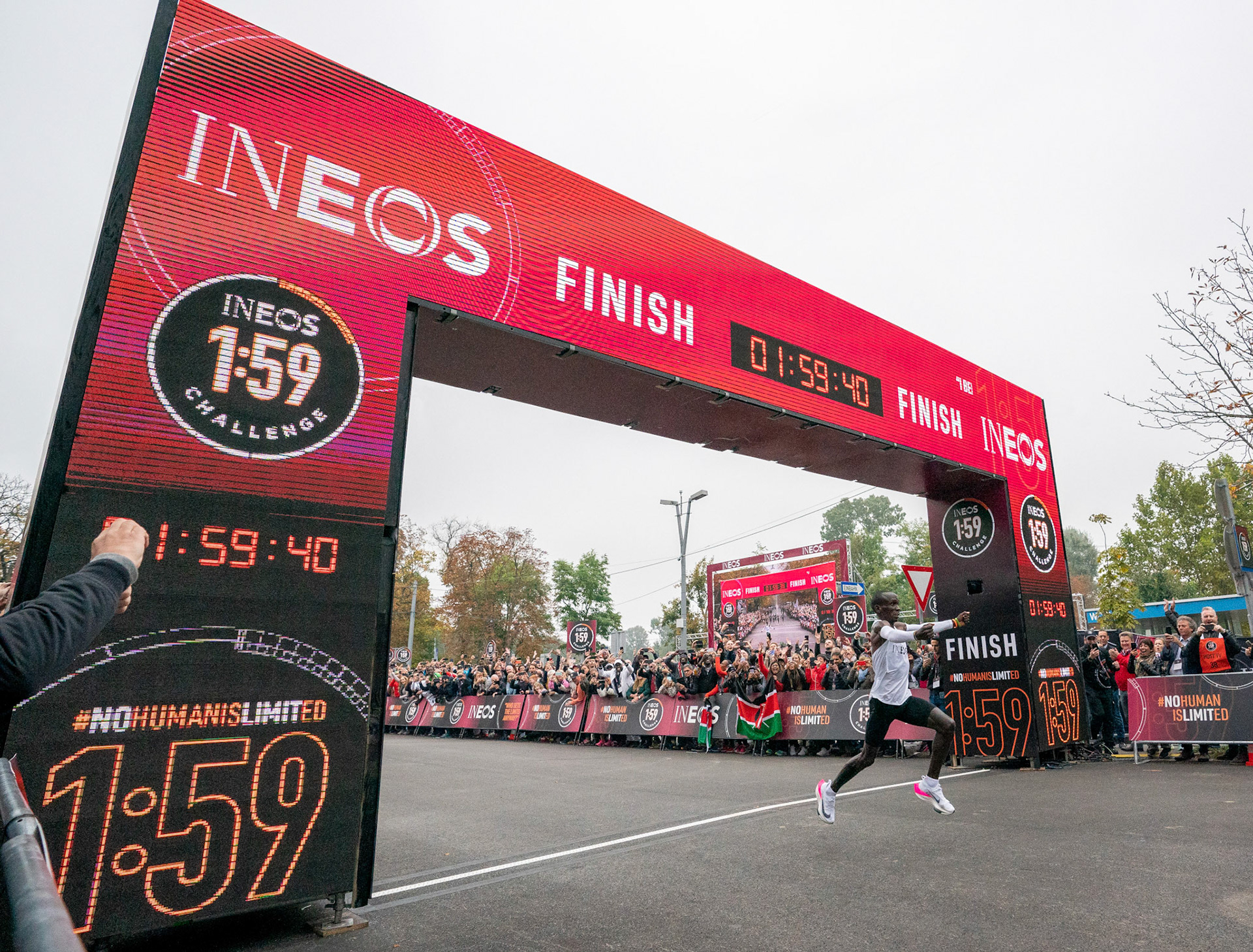 Free for editorial use and archive. Eliud Kipchoge crosses the line to become the first person to run the marathon distance in under two hours with a time of 1:59:40.2.
The INEOS 1:59 Challenge, Vienna, Austria. 12 October 2019.
Photo: Bob Martin for The INEOS 1:59 Challenge