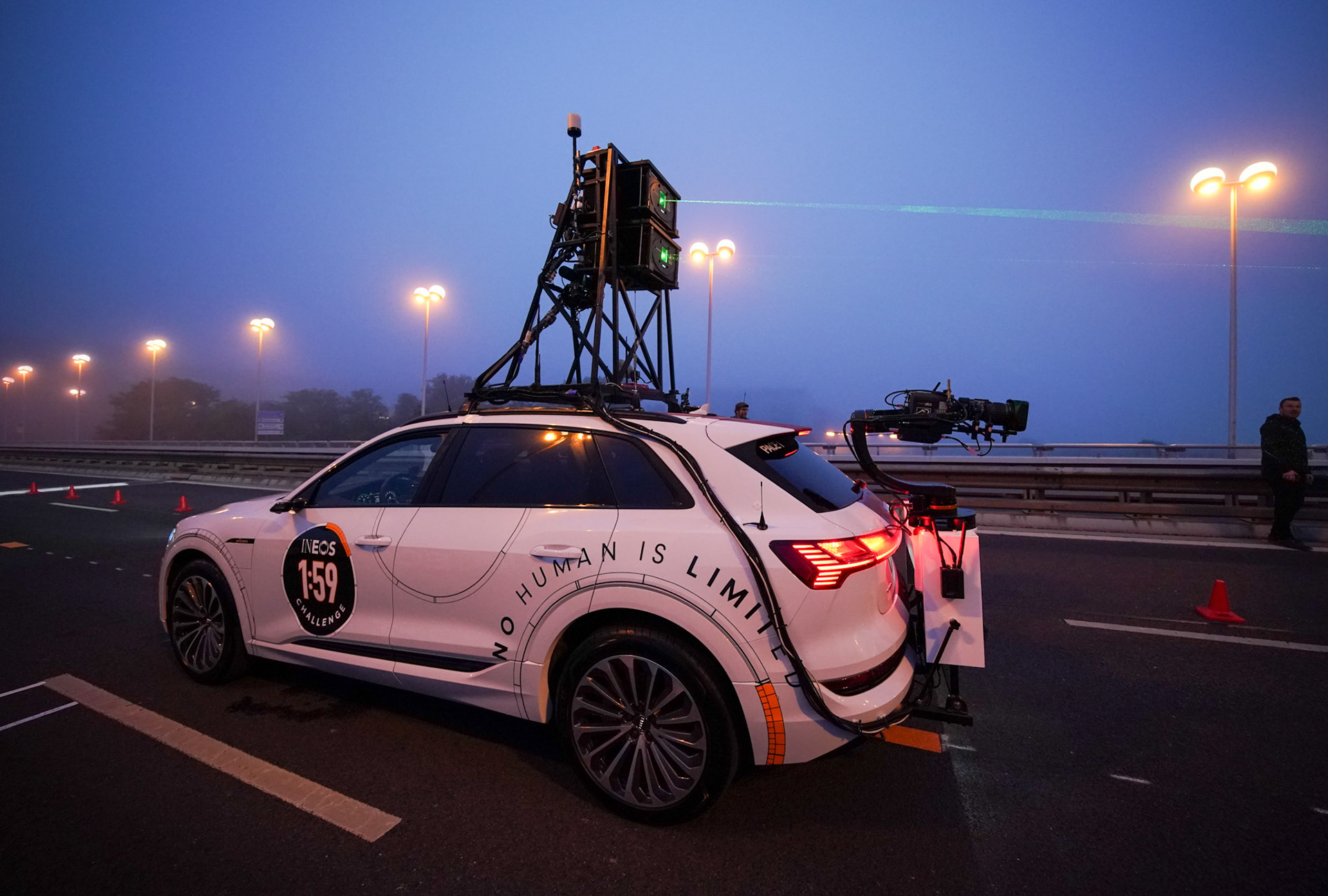 Free for editorial use and archive. The official car at the start line in the fog prior to The INEOS 1:59 Challenge. 12 October 2019.
Photo: Joe Toth for The INEOS 1:59 Challenge