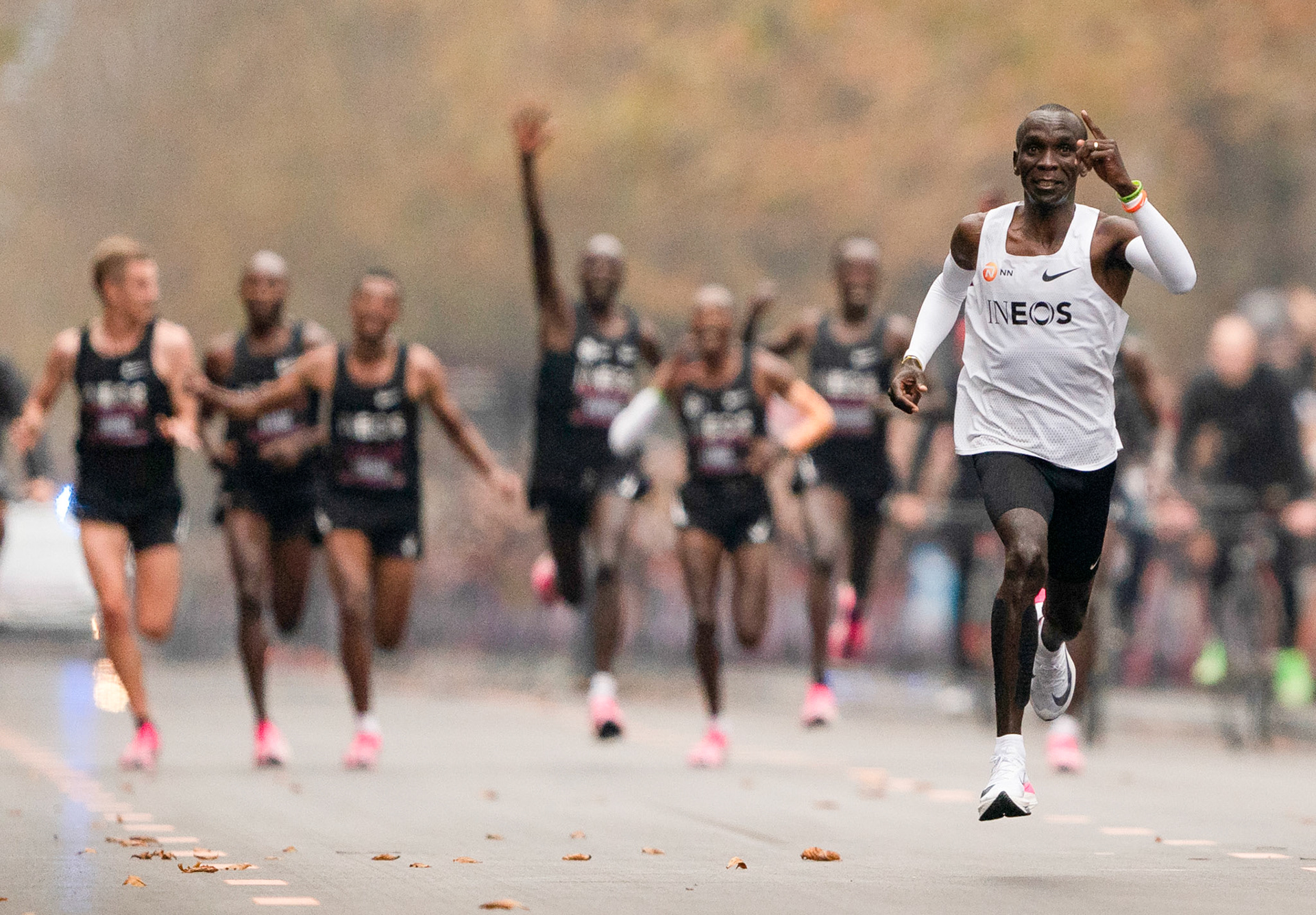Free for editorial use and archive. Eliud Kipchoge points to the crowd of spectators as he sprints to the finish line to complete the marathon in an official time of 01:59:40.
The INEOS 1:59 Challenge, Vienna, Austria. 12 October 2019.
Photo: Jed Leicester for The INEOS 1:59 Challenge