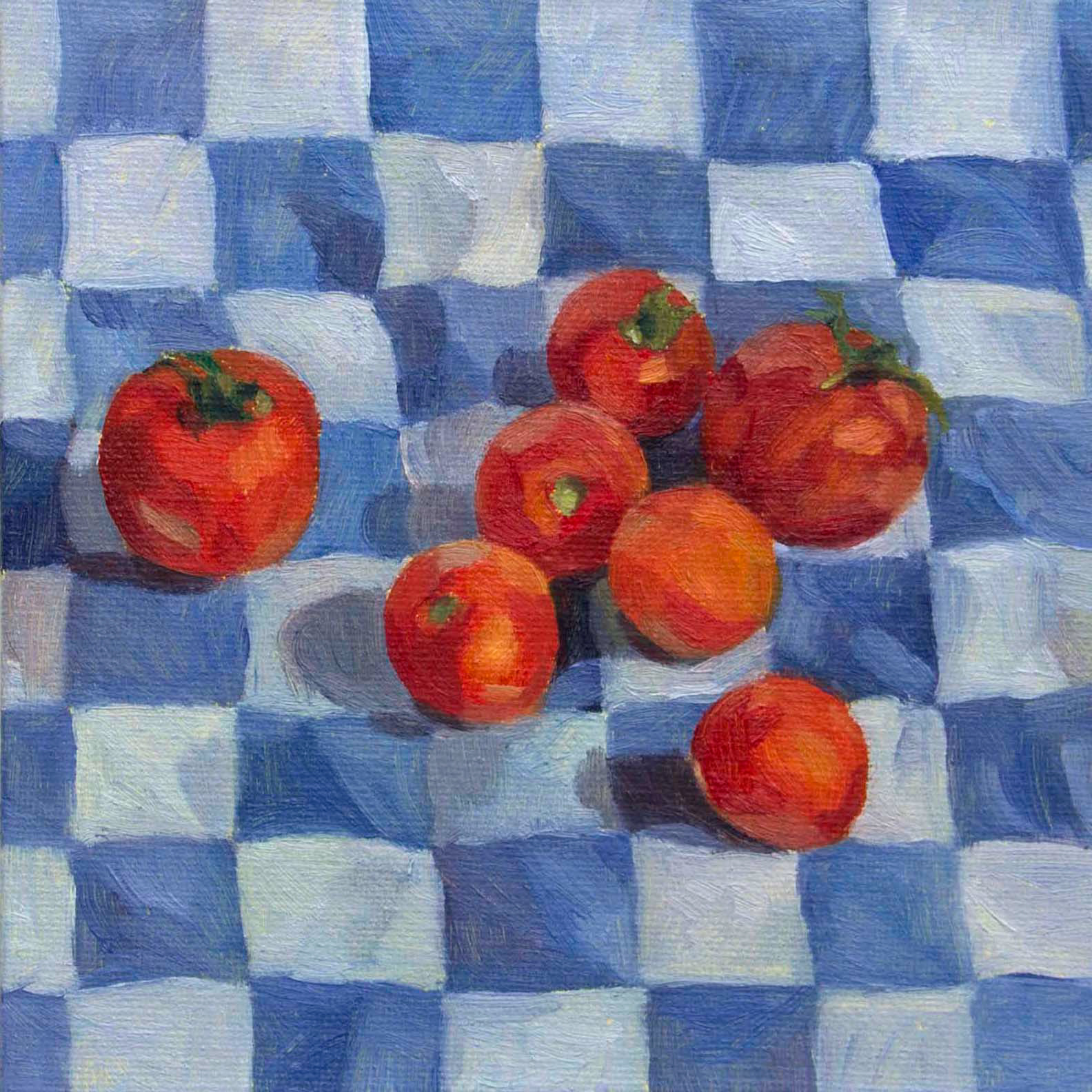Tomates unidos, 15 x 15 cm, olio sobre cartón entelado, 2023.