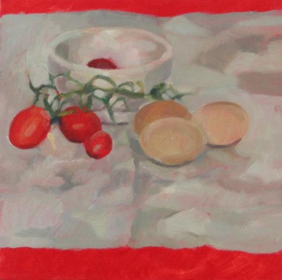 Tomates y huevos, 20 x 20 cm, olio sobre cartón entelado, 2020.