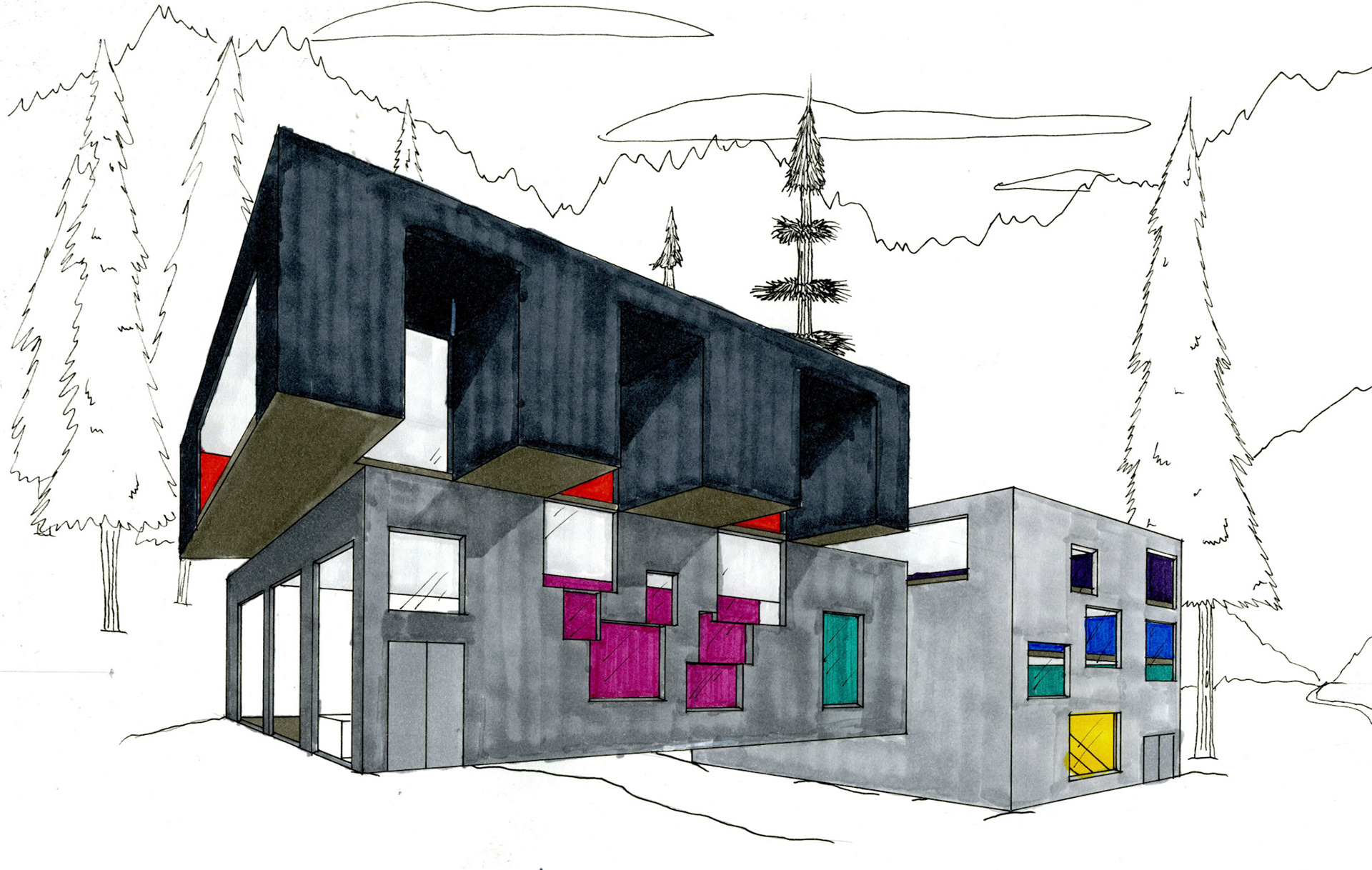 Perspective View of Wolverine Sanctuary in marker and pen, Jack Tucker