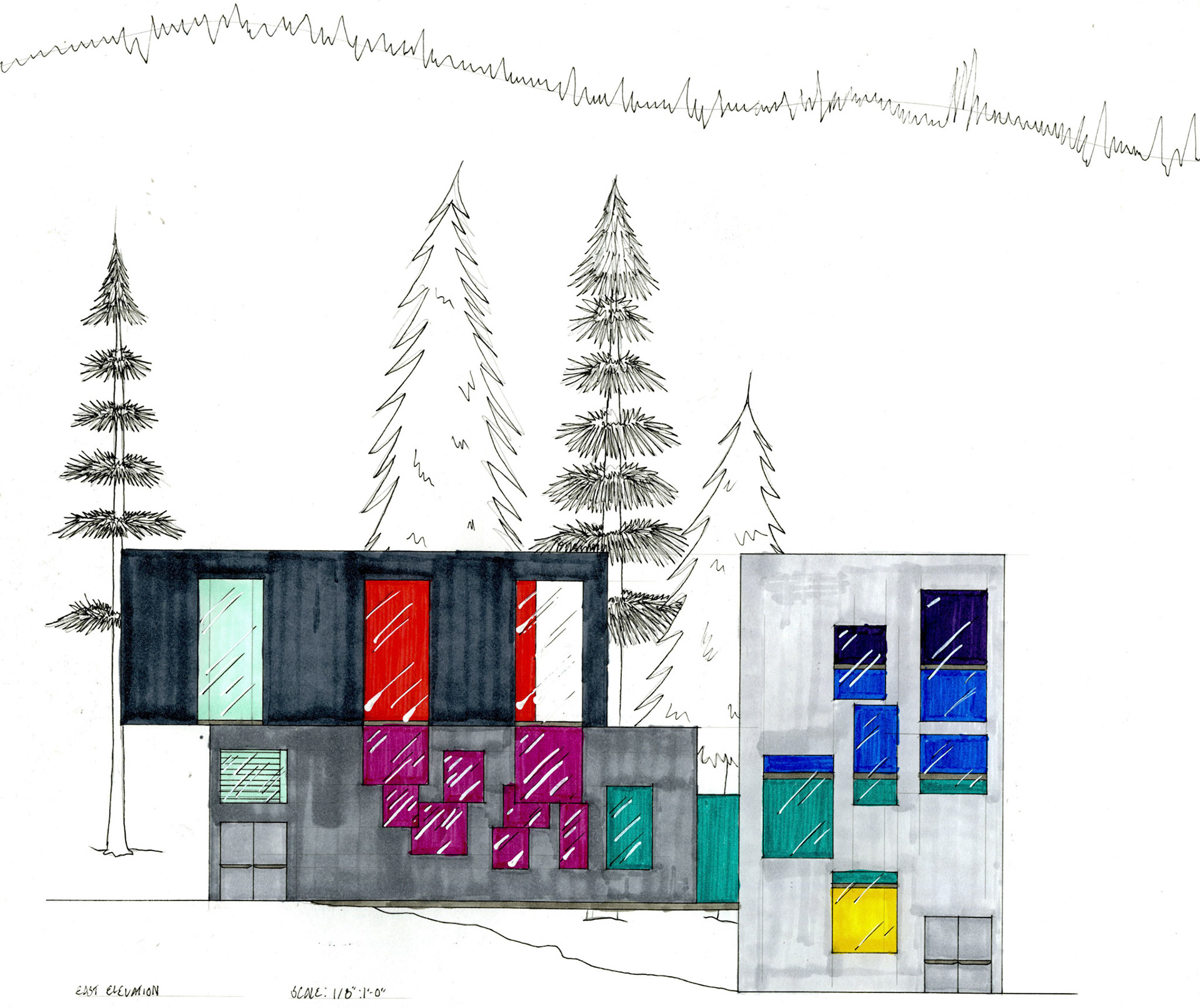Front Elevation View of Wolverine Sanctuary in marker and pen, Jack Tucker