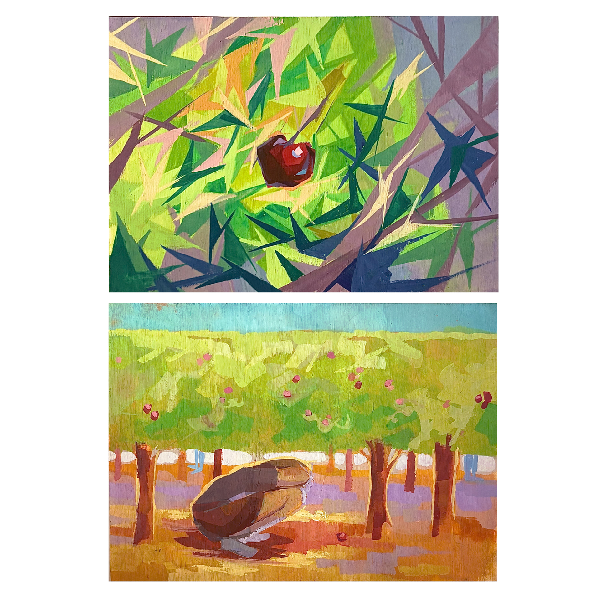 Cherry Picking, Gouache on Wood Block 8" x 10"