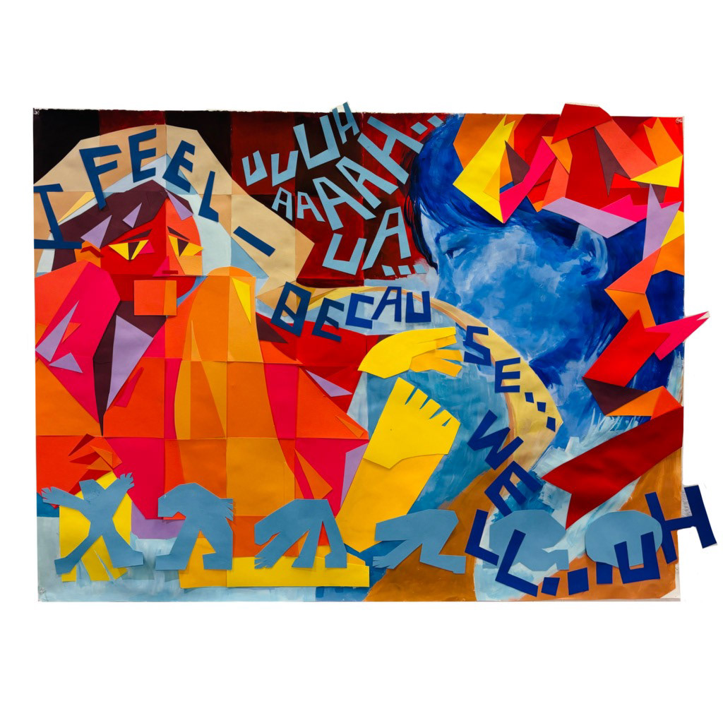 Red Blue and Uuaahh, Acrylic and Paper Collage on Paper 38" x 50"