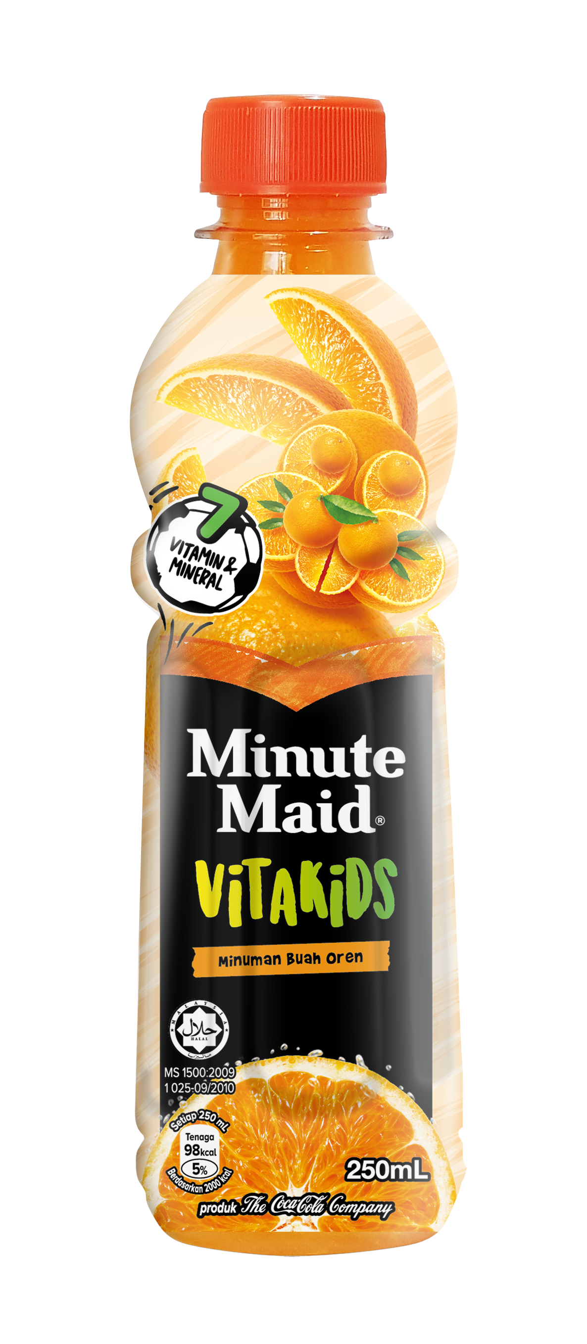 Minute Maid VITAKIDS Orange 250ml bottle in orange, featuring a fruit-character made of orange slices and kumquats in the bulbous bottle neck, a "7 Vitamin & Mineral" football badge, the black Minute Maid VITAKIDS lockup, Halal mark and "Minuman Buah Oren." Coca-Cola kids' beverage packaging, Malaysia.