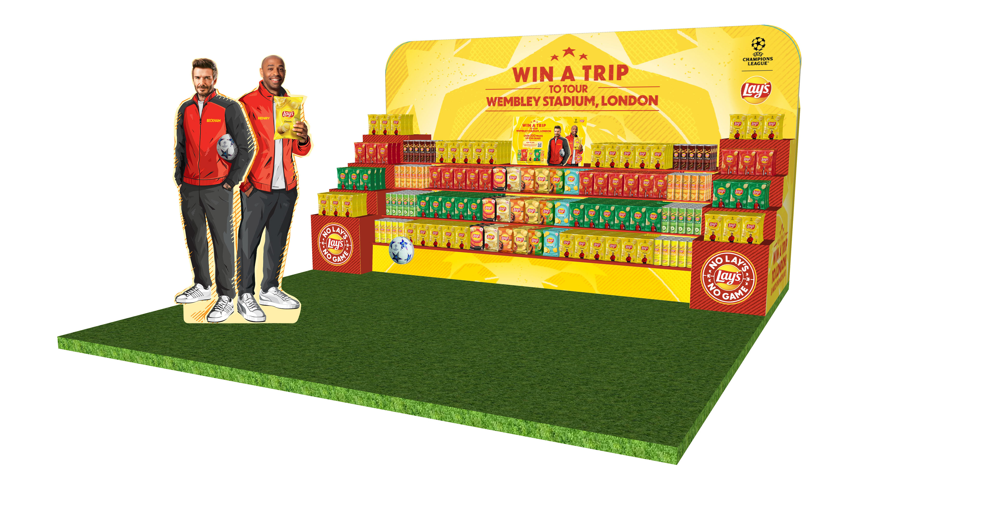 Lay's UCL 2024 Win A Trip to Wembley activation with Beckham and Henry standees — sports sponsorship POSM by Laugh Contagious Communications, creative agency in Kuala Lumpur