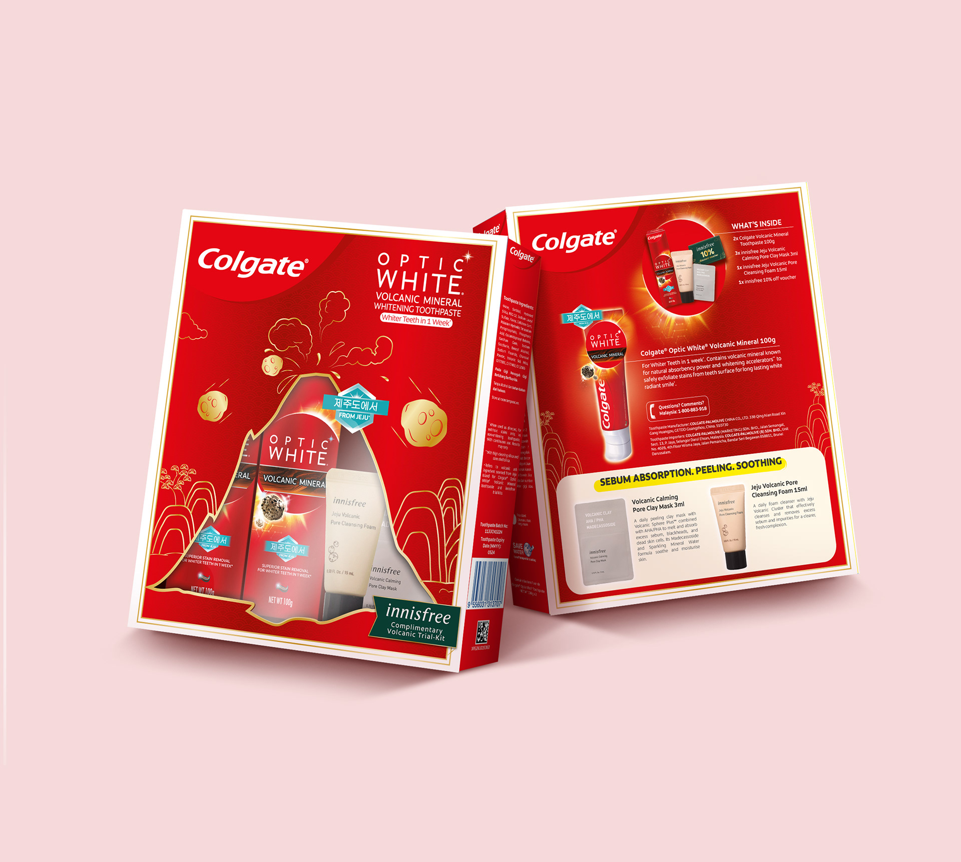 Colgate Optic White Volcanic Mineral × Innisfree gift box front and back panels with trial-kit breakdown — co-brand FMCG packaging design by Laugh Contagious Malaysia
