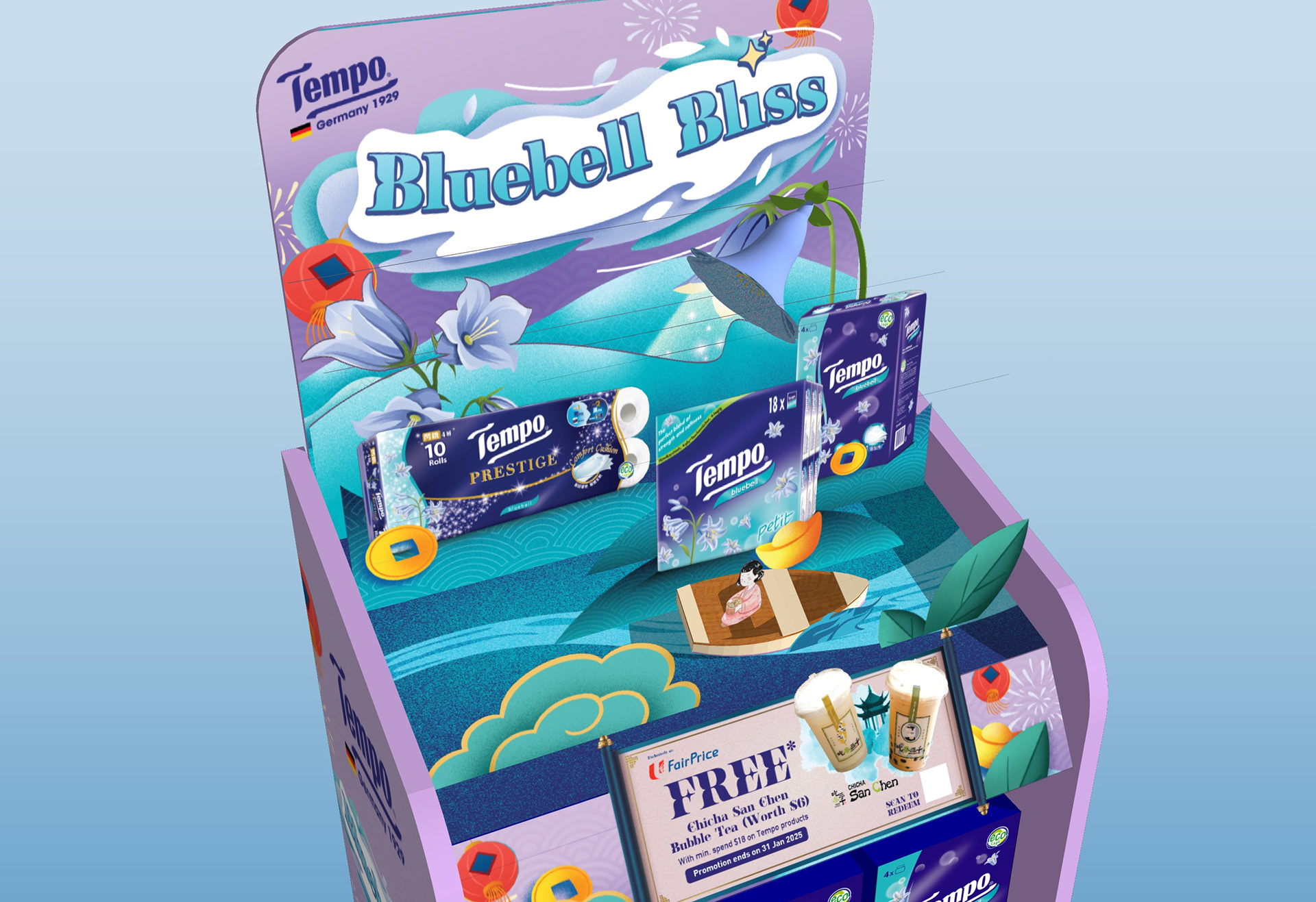 Tempo Bluebell Bliss illustrated CNY header tableau — premium festive POSM design by Laugh Contagious Malaysia
