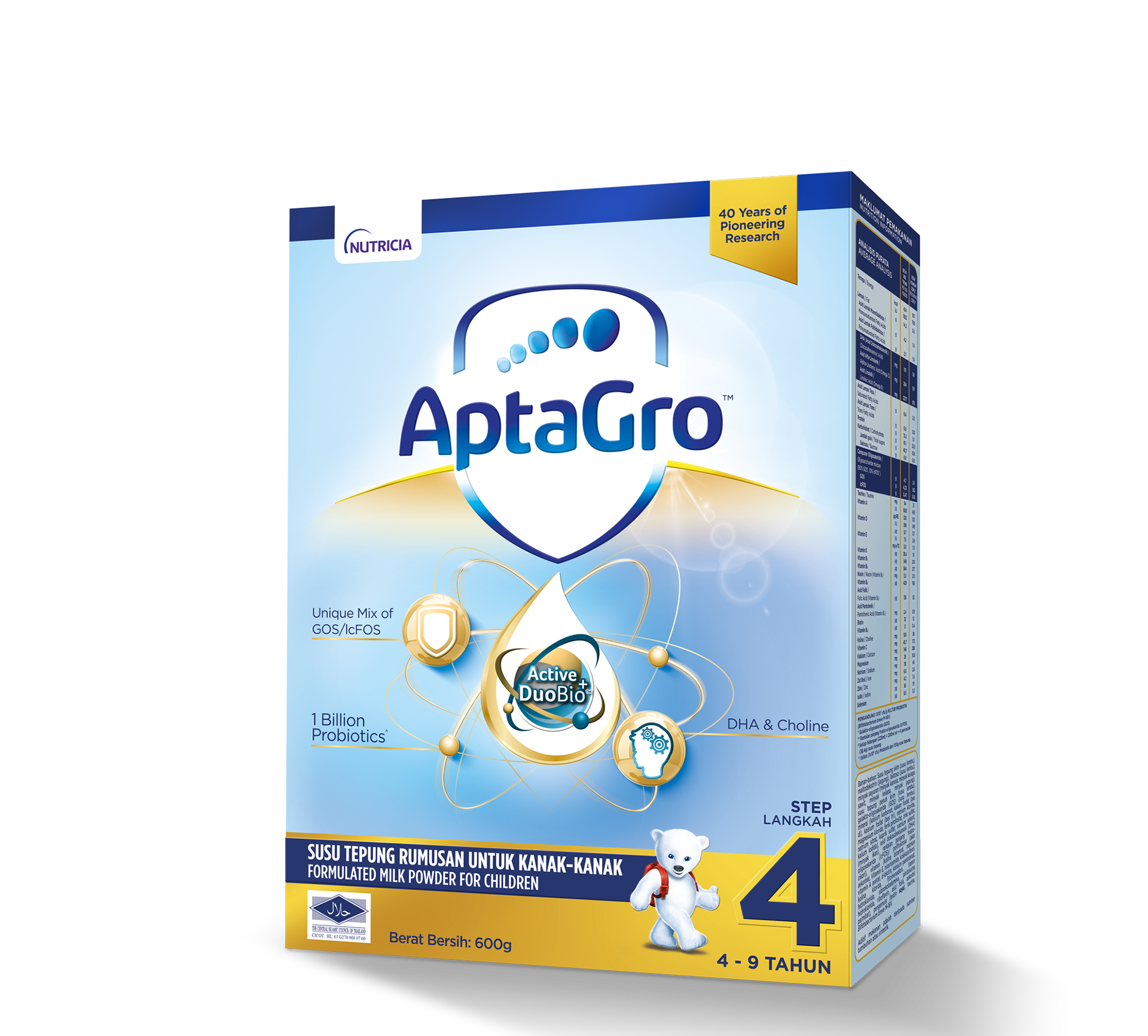 AptaGro Step 4 (4–9 years) growing-up milk carton, blue and gold, with the Nutricia logo, AptaGro shield logo, the atom-and-droplet Active DuoBio+ science graphic with GOS/lcFOS, 1 Billion Probiotics and DHA & Choline icons, a "40 Years of Pioneering Research" flash, a school-ready polar-bear character with a backpack, side nutrition-information panel, Halal mark and "Berat Bersih 600g." Danone Nutricia children's milk packaging, Malaysia.